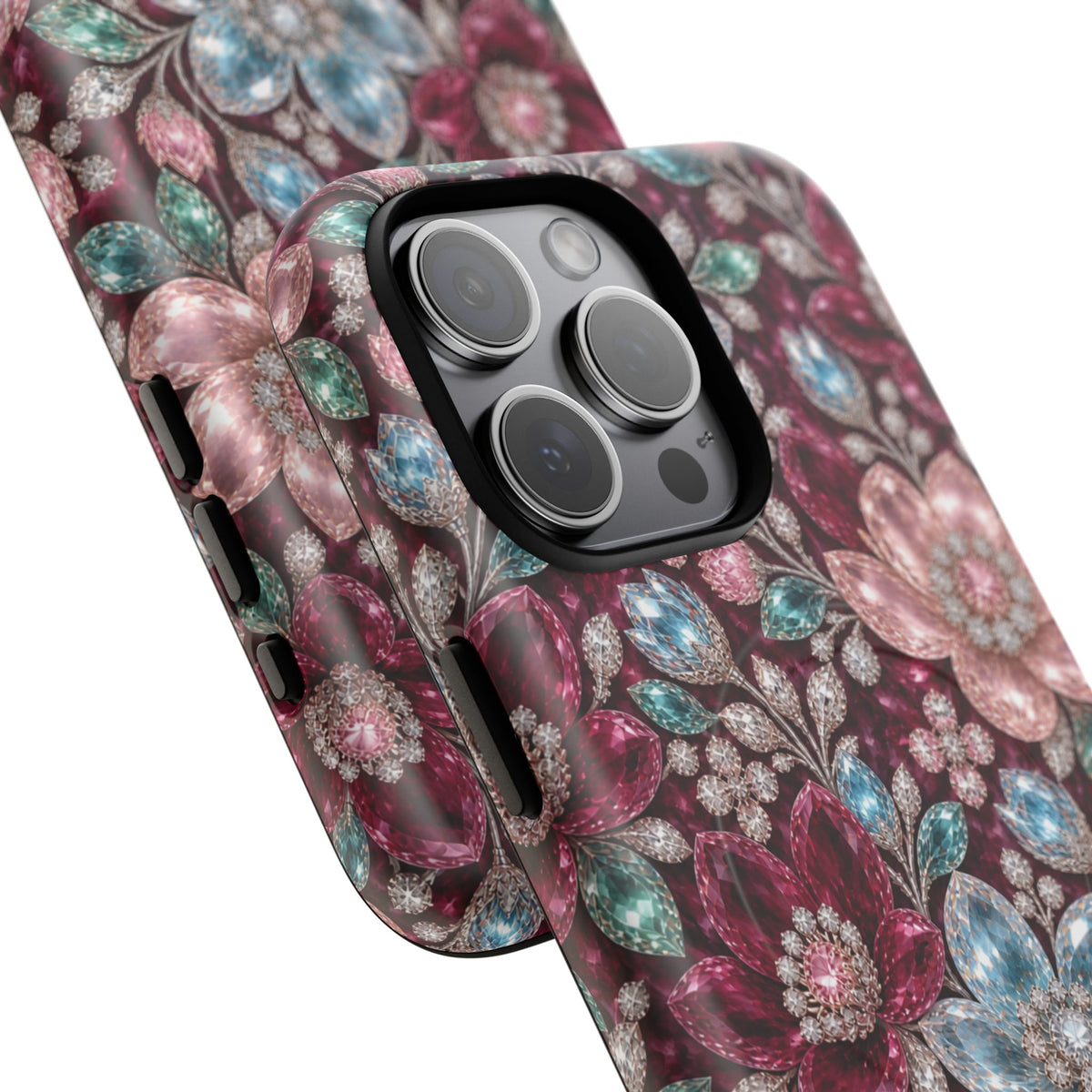 Floral faux Jewel Phone Case Sparkling Burgundy Flower Tough Magnetic Case 18 iPhone