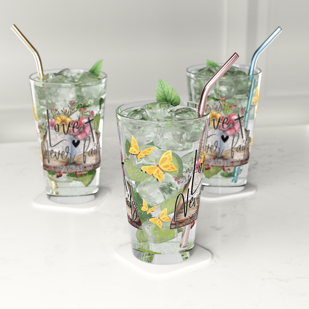 Love Never Fails 16oz Pint Glass – Christian Glassware for Faith & Inspiration | Perfect for Water, Juice & More – Unique Religious Gift Idea