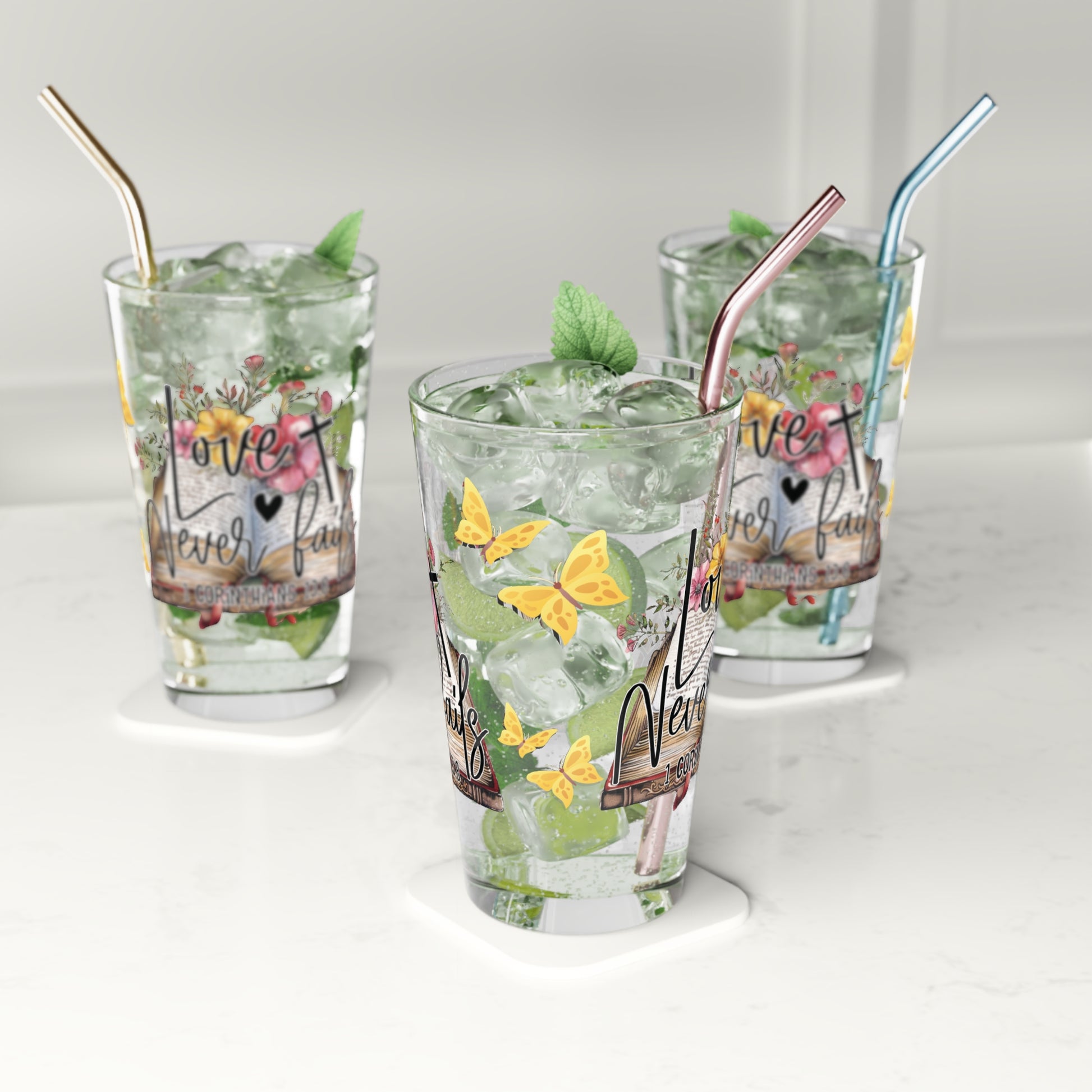 Love Never Fails 16oz Pint Glass – Christian Glassware for Faith & Inspiration | Perfect for Water, Juice & More – Unique Religious Gift Idea