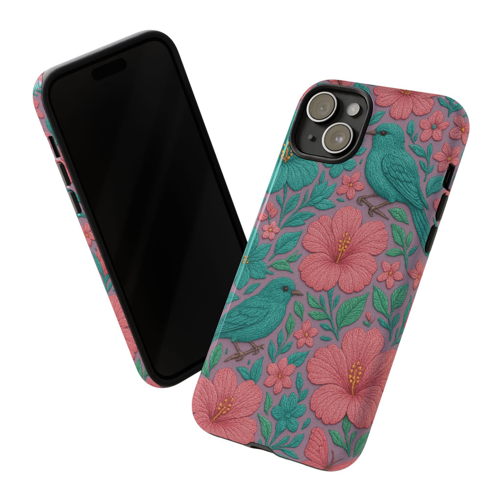 Turquoise, Pink and Lavender 3D Embroidery Illusion Phone Case Tropical Flowers, Birds & Butterflies Cover with Bold, Realistic Floral Texture iPhone, Samsung