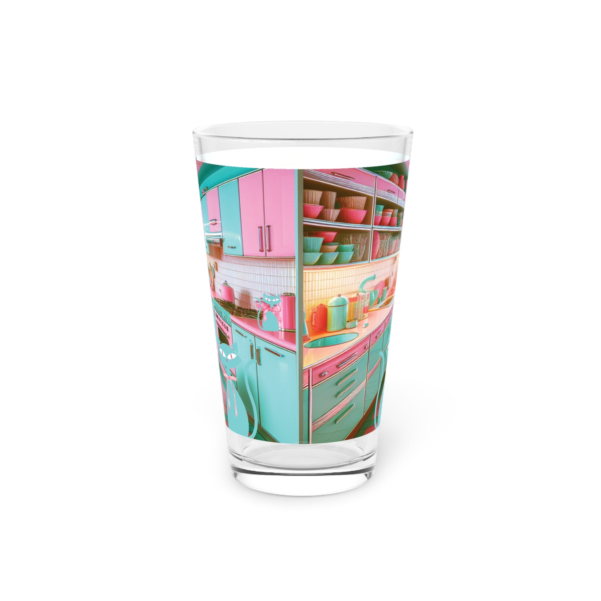 Atomic Kitty Cat, Mid Century Modern 50's MCM Pink  and Aqua 16oz Pint Glass 50s, Party Drinkware, Cocktail Pint Glass, Perfect Christmas Perfect for Parties - MRSBYVALLE