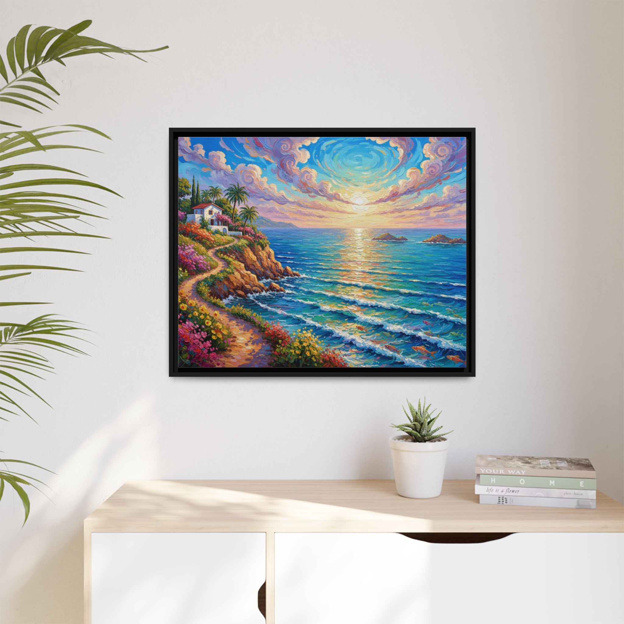 Toile imprimée florale océanique | Décoration murale colorée et lumineuse de paysage marin, œuvre d'art de bureau encadrée et mate