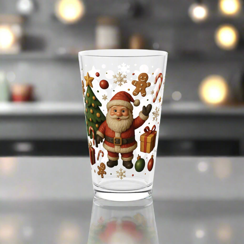 Santa & Christmas Tree Pint Glass  16oz Holiday Drinkware with Gifts, Candy Canes, Gingerbread, Ornaments – Perfect for Cocoa or Mocktails
