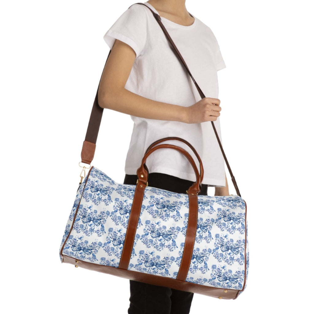 Weekender Bag, Chinoiserie Blue White Travel Bag with Coquette Bows, Lightweight & Spacious, Waterproof Travel Tote for Travelers Overnight Bag for Luxurious and Chic Travel