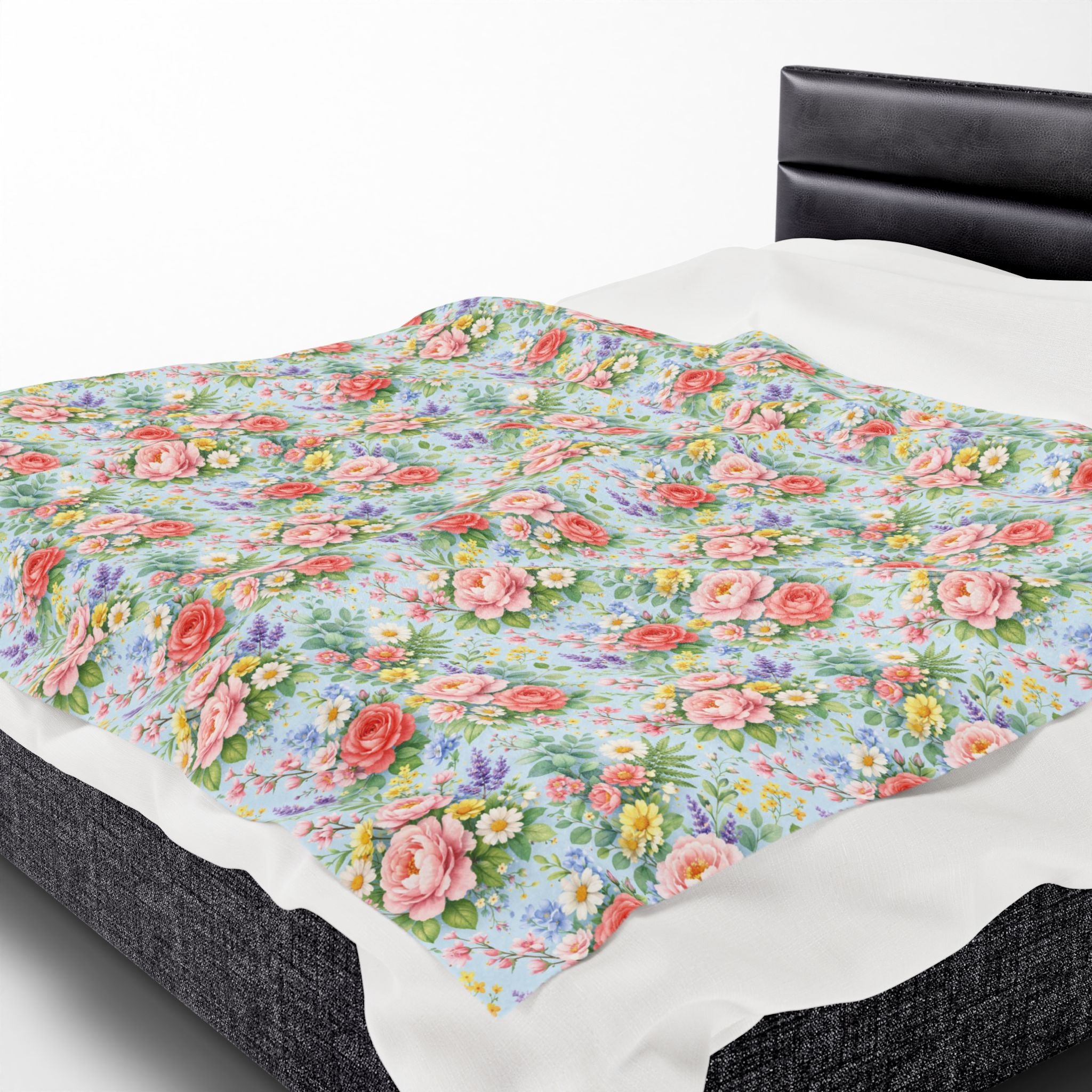 Icy Blue Watercolor Floral Velveteen Plush Blanket — Soft Floral Throw for Cozy Home & Gift