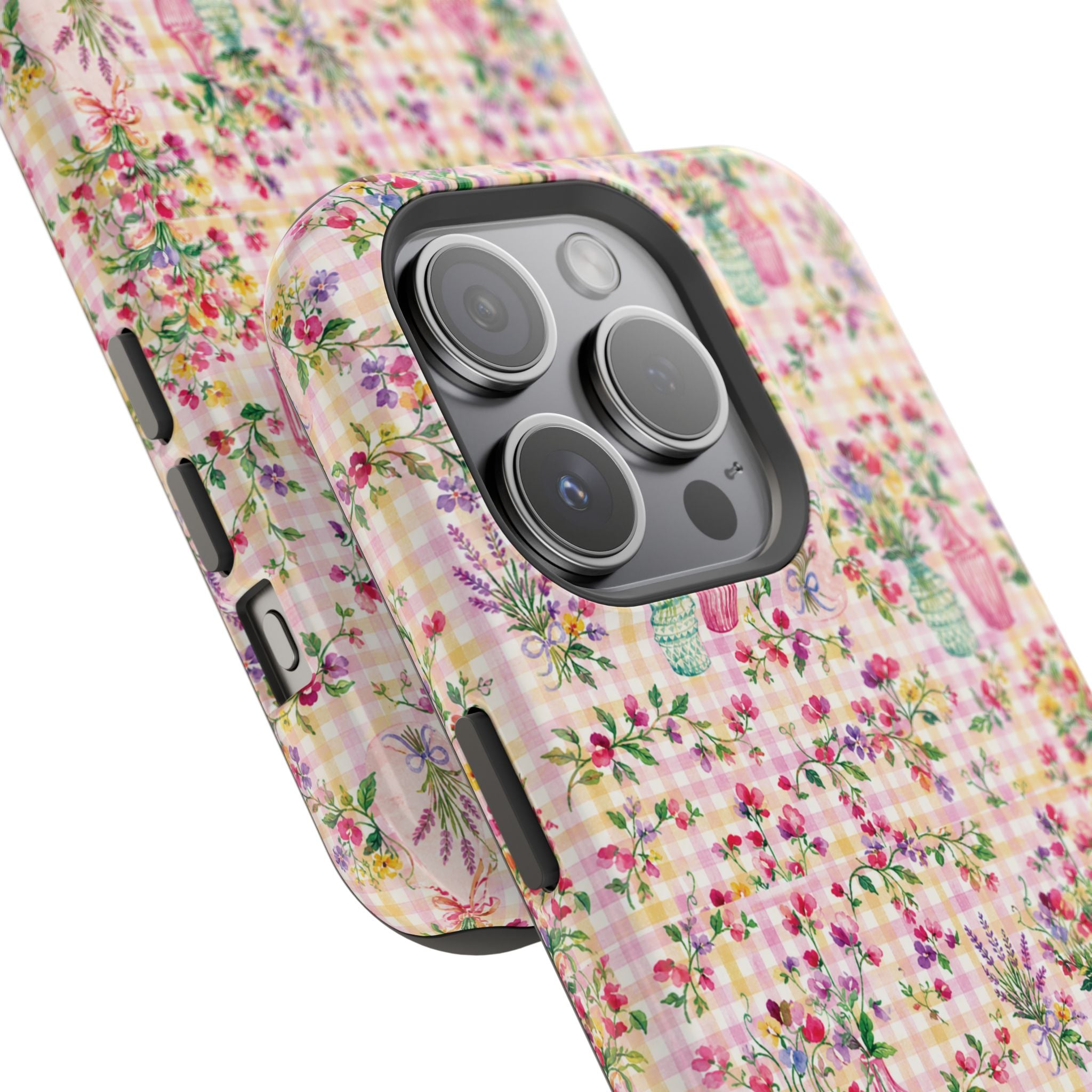 Turquoise & Pink Floral Checker Phone Case — Magnetic Impact-Resistant
