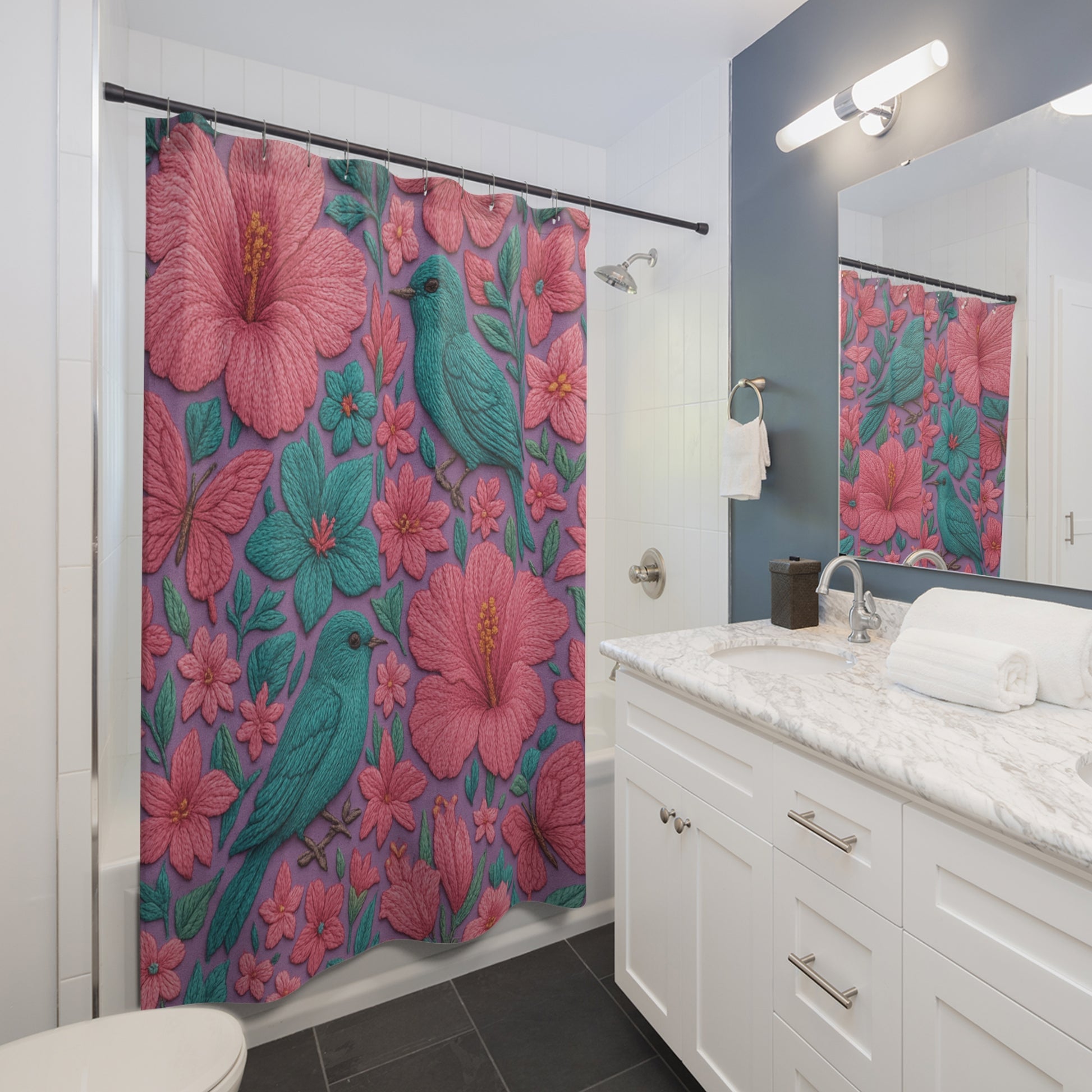 Luxury 3D Embroidery Illusion Shower Curtain – Turquoise, Pink & Lavender Tropical Flowers with Birds & Butterflies for Elegant Spa-Inspired Bathrooms