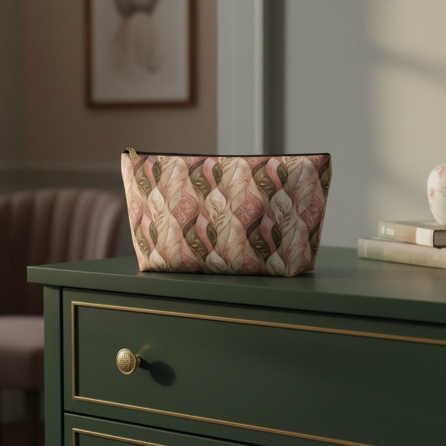 Braided Floral Accessory Pouch — Pink & Olive T‑Bottom Cosmetic Bag