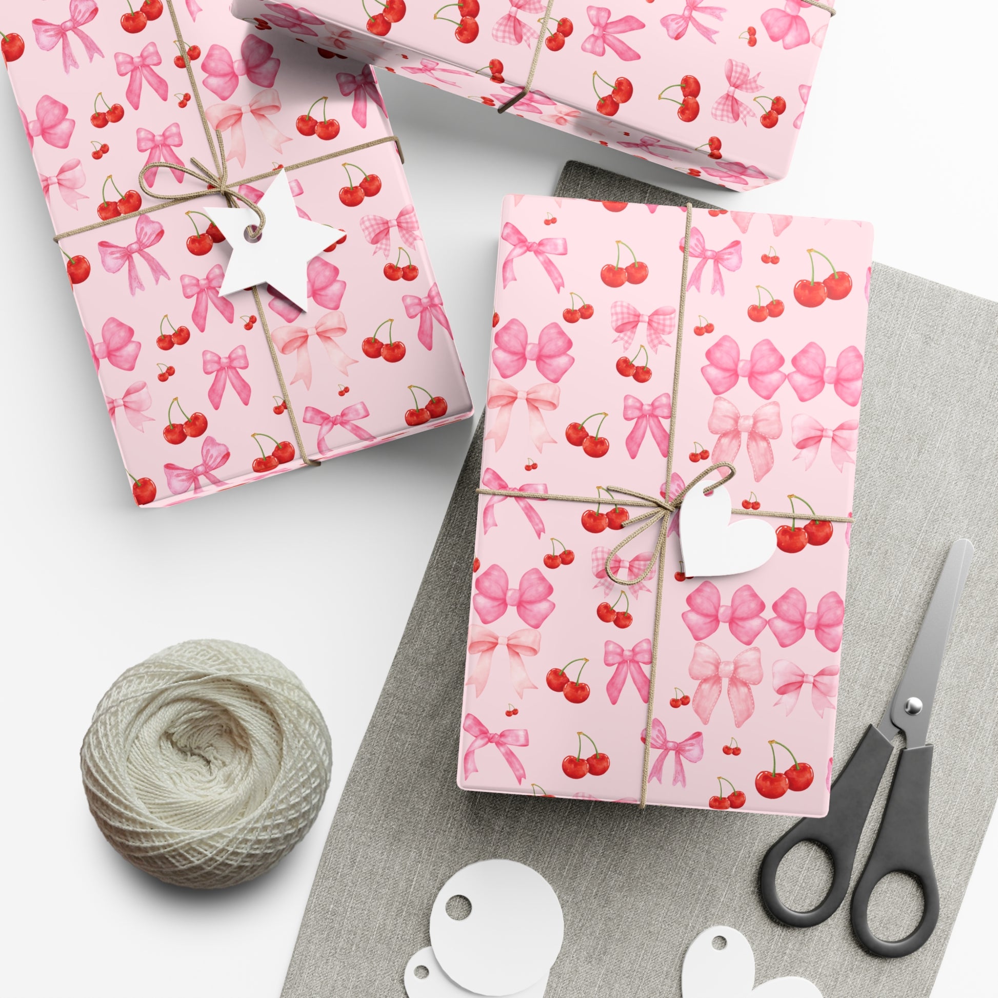 Pink Chic Coquette Wrapping Paper Pink Bows Cherries Elegance Perfect for Gifts Weddings, Bridal Baby Showers All Occasion.