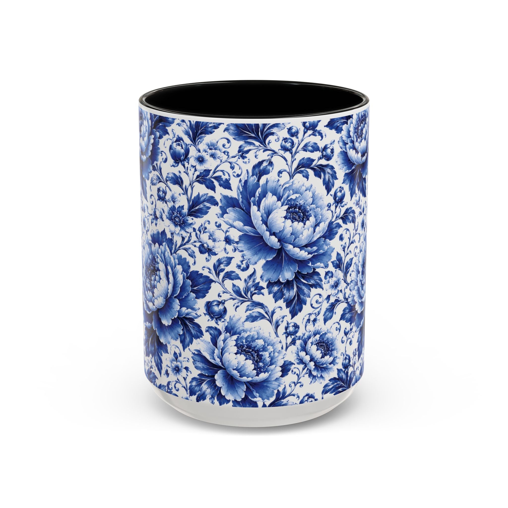 Blue Floral Ceramic Coffee Mug — Vintage Delft Peony Accent (11oz & 15oz) Blue & White Chinoiserie Tea Mug