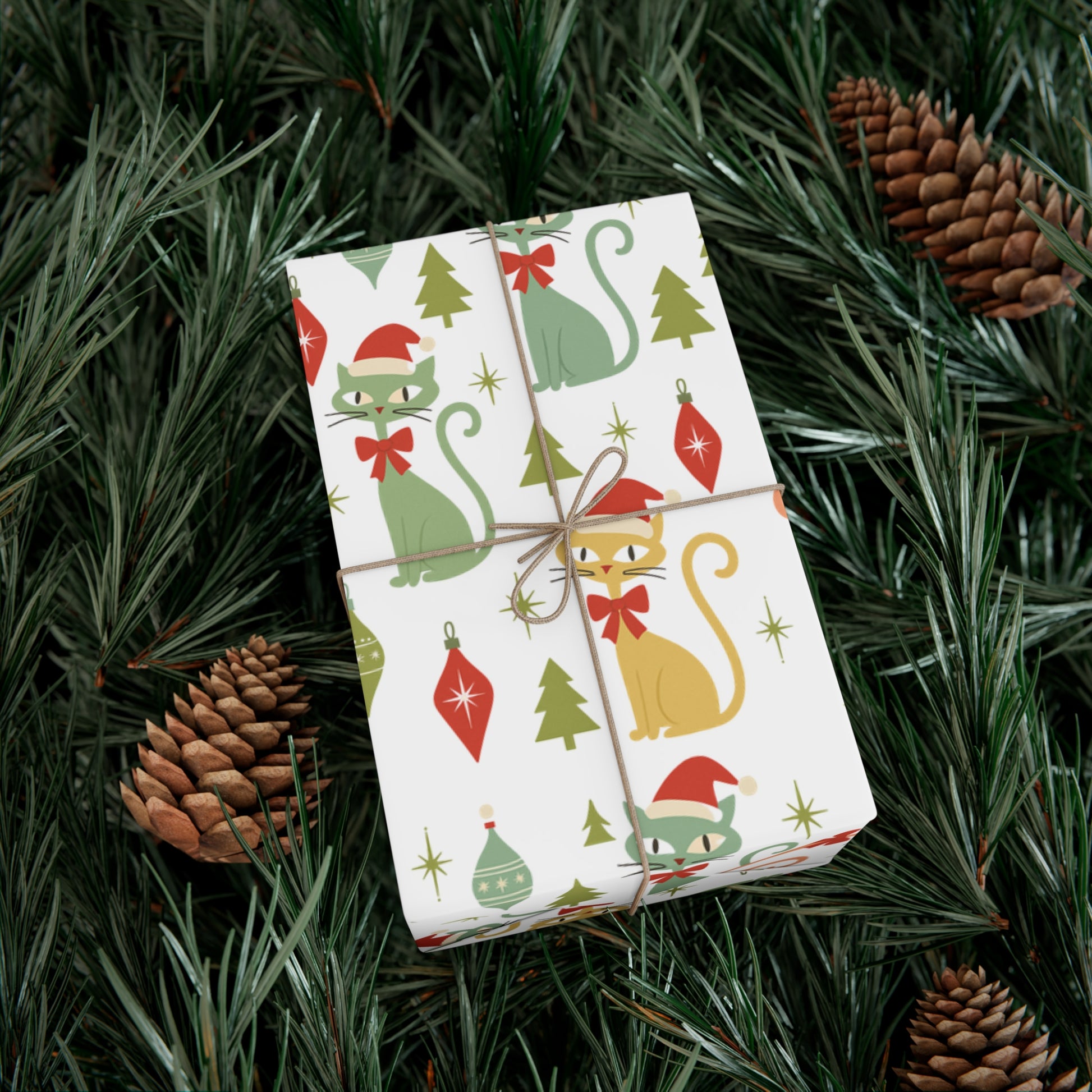 Christmas Atomic Cat Wrapping Paper, Retro Gift Wrap, Pastel Mid-Century Kitty Design, Vintage Holiday 30x20, 30x72, 30x144 Perfect for all Occasion