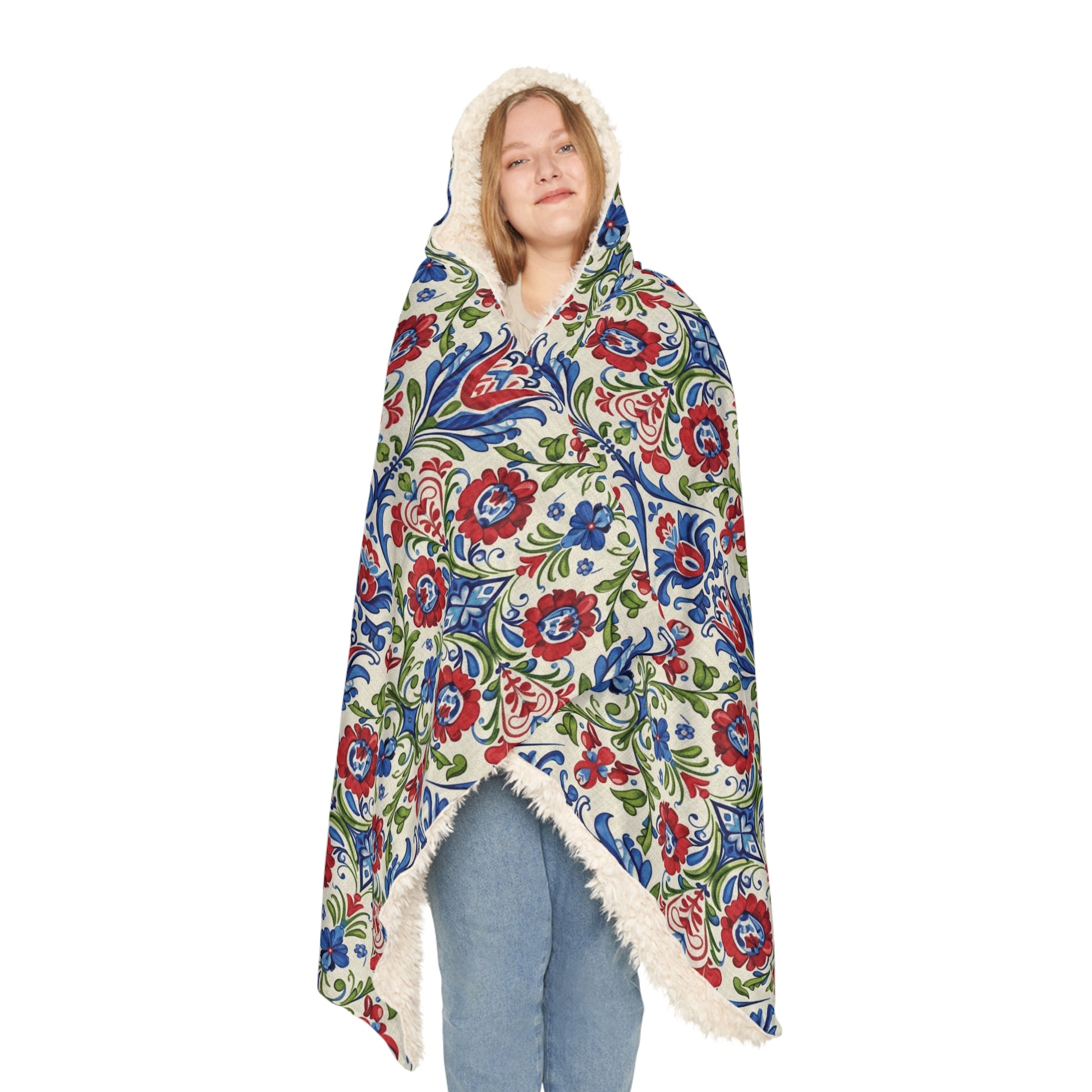 Kashubian Folk Art Hooded Blanket Traditional Polish Floral Wearable Throw Perfect Gift Birthday, Christmas