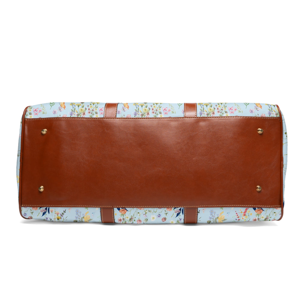 Icy Blue Floral Waterproof Travel Duffel  Watercolor Wildflowers Carry-On Bag