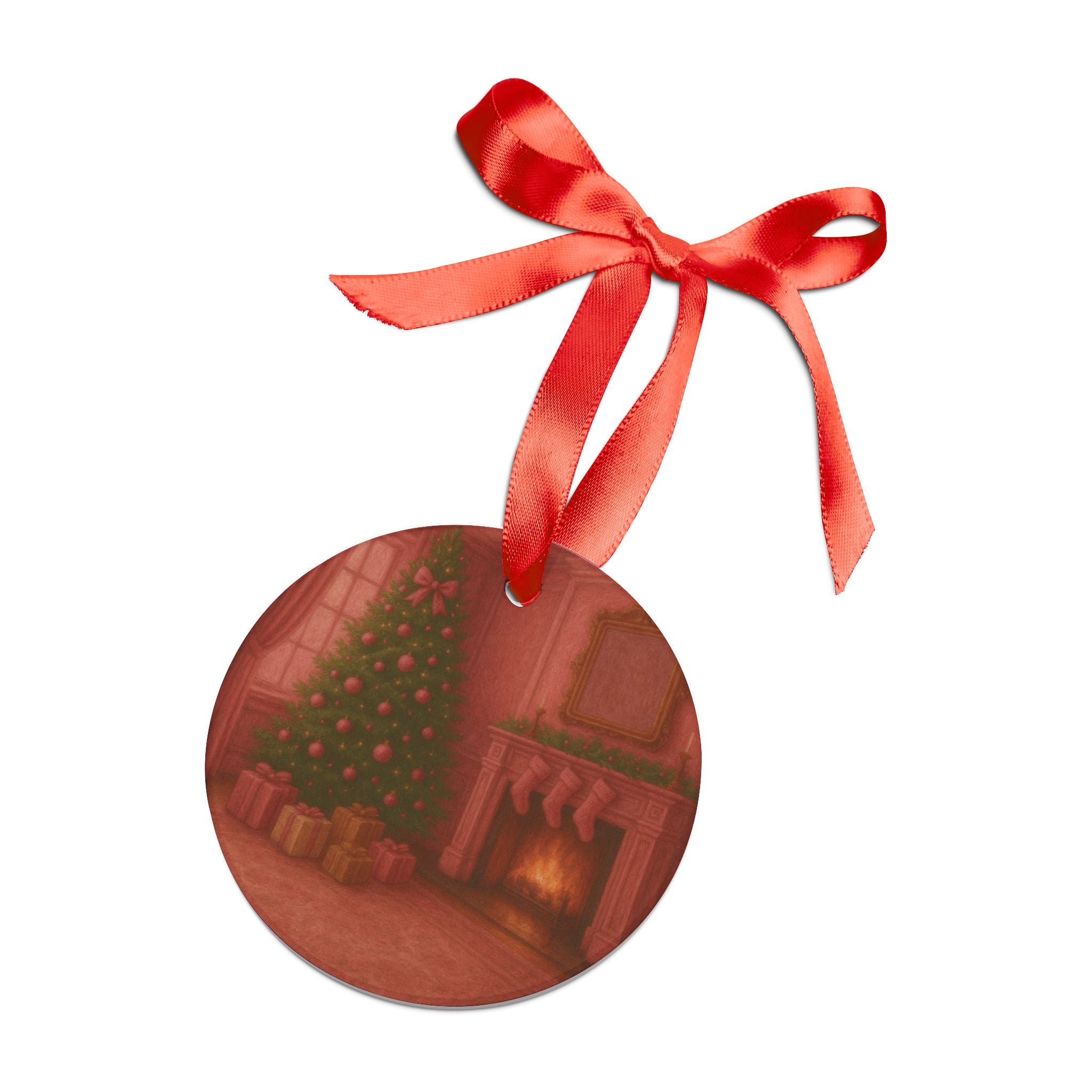 Pink Christmas Vintage Ornament Elegant Tree with Gifts Design, Glossy Finish, Acrylic 2.90x2.90 in, Includes Red Ribbon for Hanging Tree Accent Gift for Family