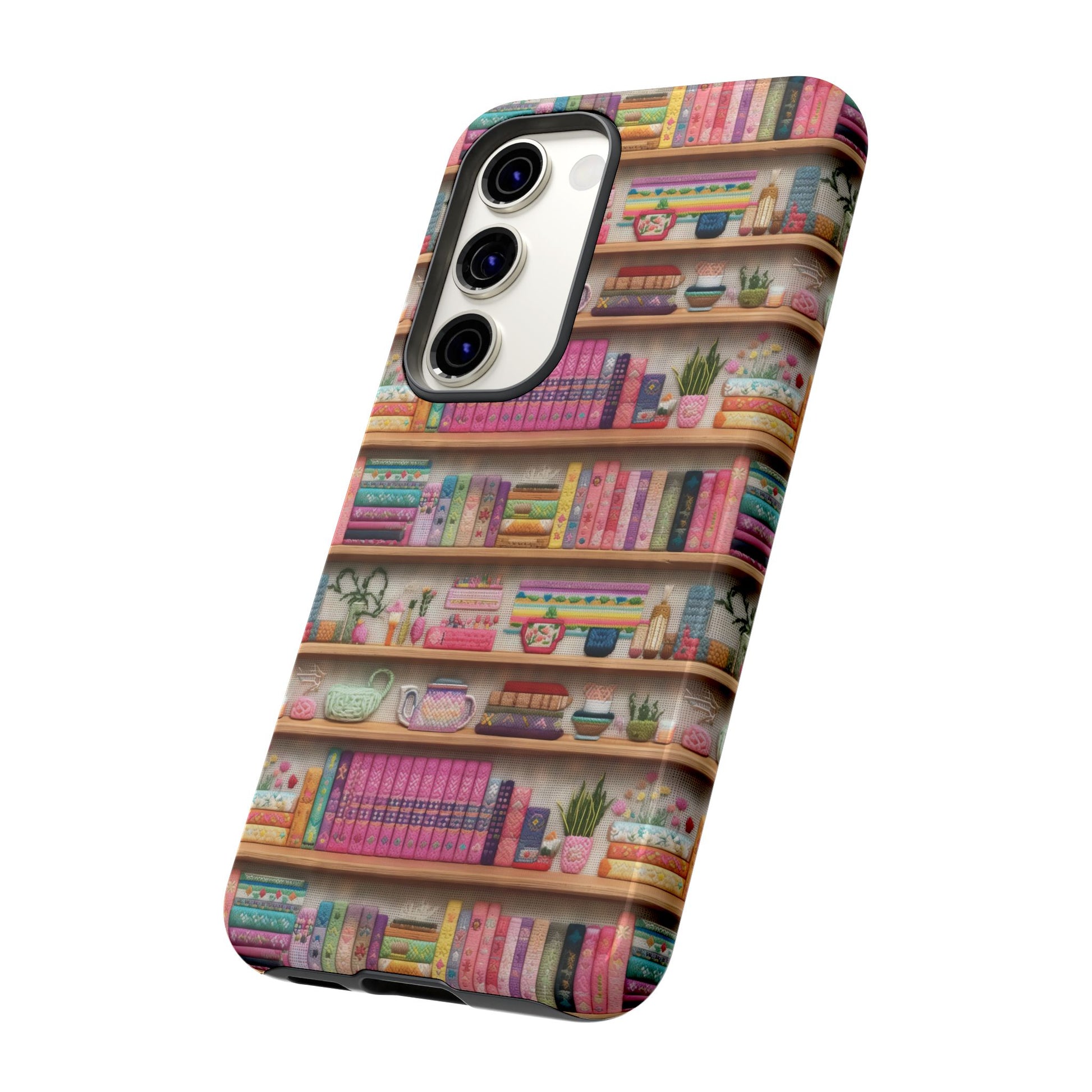 Whimsical 3D Embroidery Illusion Books on Pastel Shelves Phone Case for iPhone, Samsung & Pixel: Unique Accessory for Literary Enthusiasts Gift for Her Perfect for Floral Lover