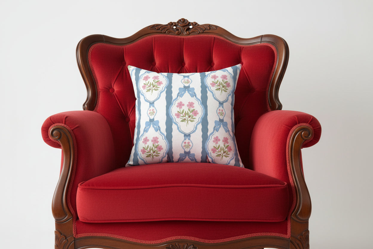 Decorative pillow with floral and bow pattern on a white background