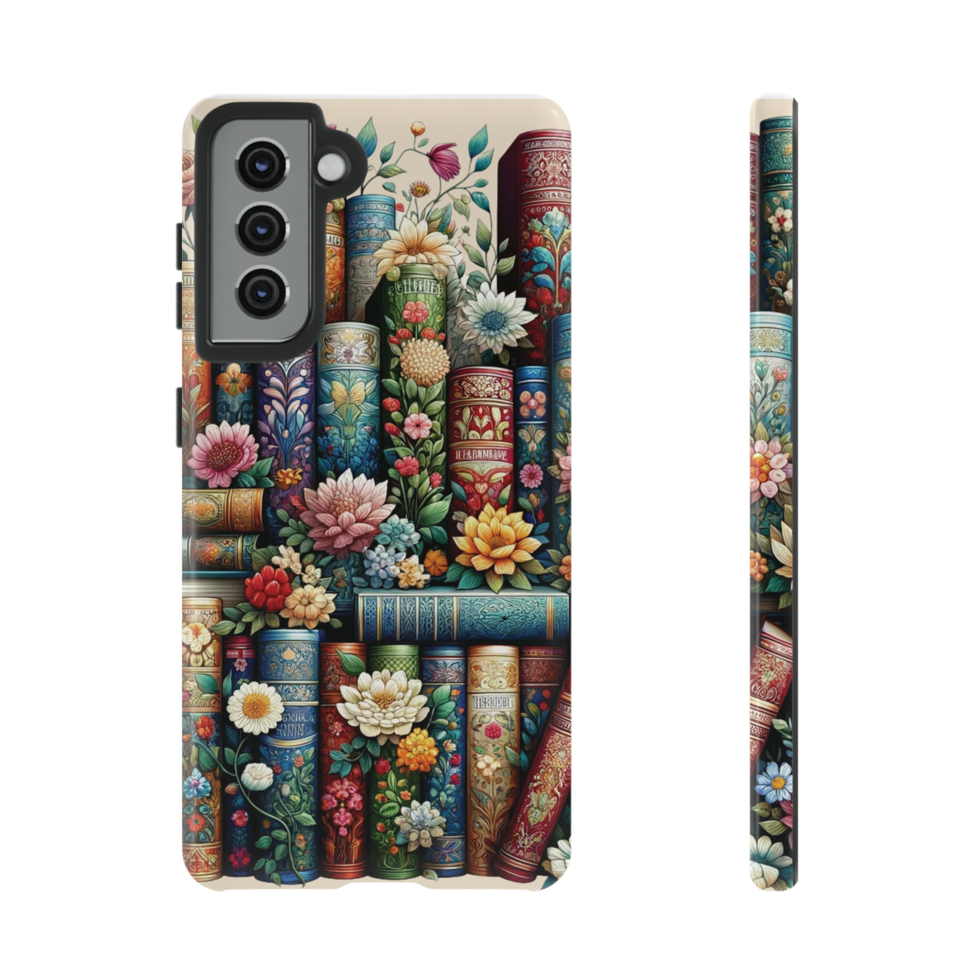 Books and Floral Boho Luxury Phone Tough Case Floral Elegant Durable Stylish for Modern Devices iPhone 15, Samsung iPhone Samsung Accessory Gift for Her.