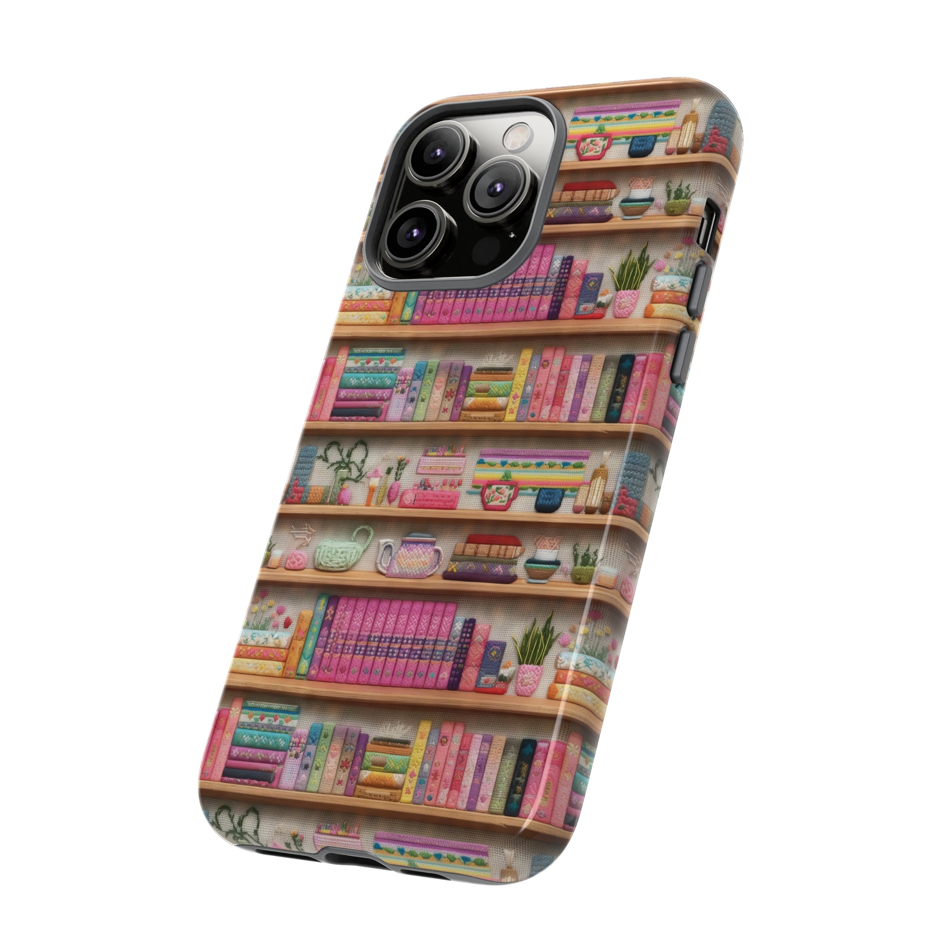 Phone Case 3D Illusion Books & Shelf Embroidery Design with Vibrant Colors Gift for Her Phone 15, Samsung iPhone Samsung Gift for Her Case iPhone 15, Samsung iPhone Samsung Accessory Gift for Her.