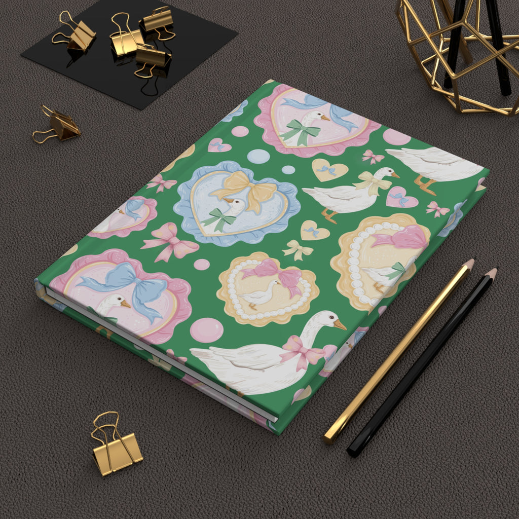 Silly Goose Green Hardcover Journal with Pastel Bows & Hearts  Whimsical Writing Notebook Perfect for Gift
