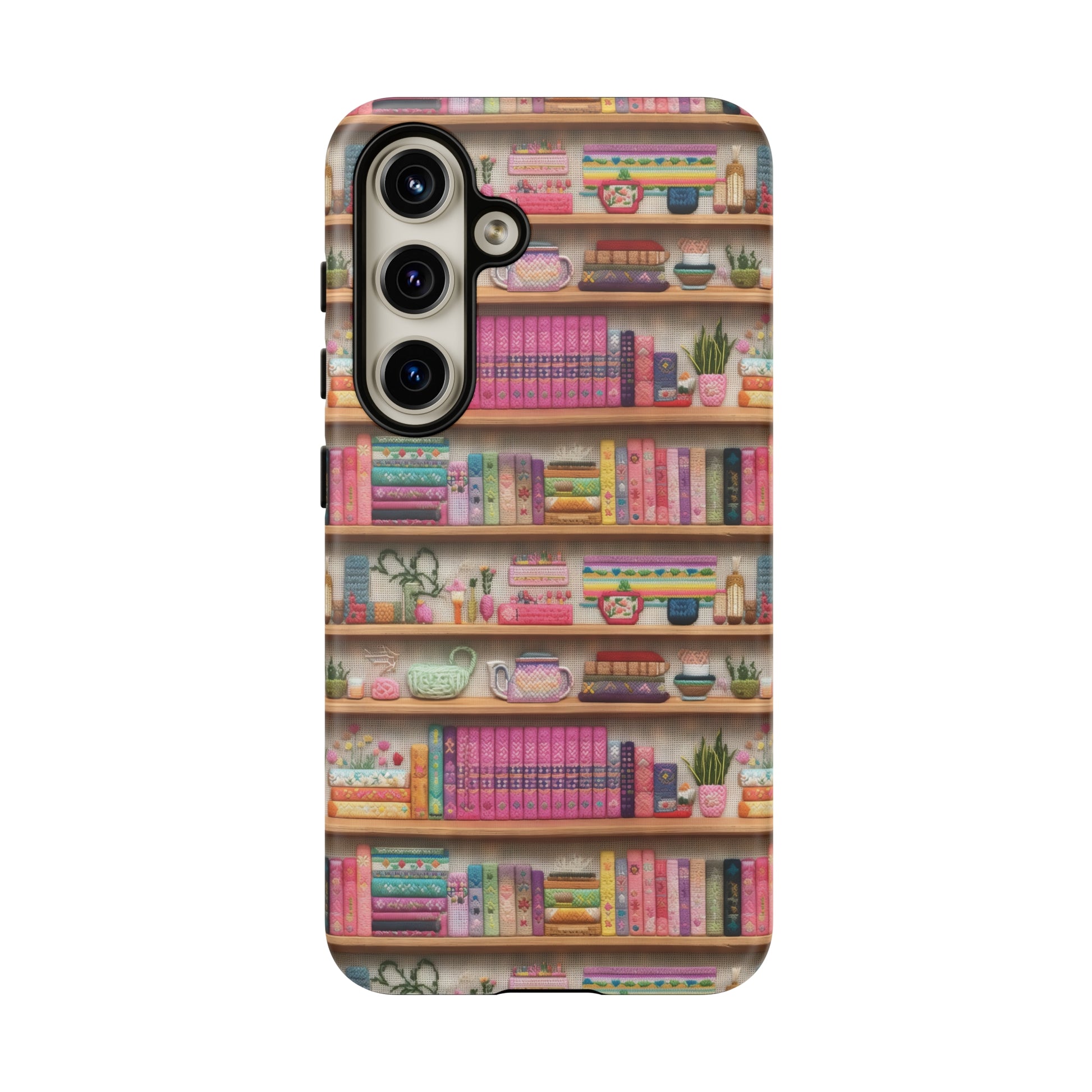 Phone Case 3D Illusion Books & Shelf Embroidery Design with Vibrant Colors Gift for Her Phone 15, Samsung iPhone Samsung Gift for Her Case iPhone 15, Samsung iPhone Samsung Accessory Gift for Her.