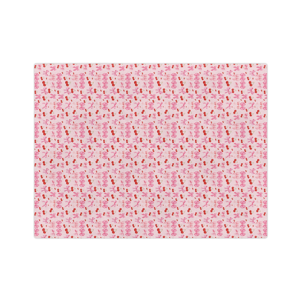 Minky Blanket Coquette Cherry Ribbon Bows Design in Luxurious 100% Polyester Cozy Comfort Throw Ultra-Soft Microfiber Comfort Blanket, Perfect for Snuggling Decor, Cozy All-Season Warmth, Comfort Housewarming Gift Throw.