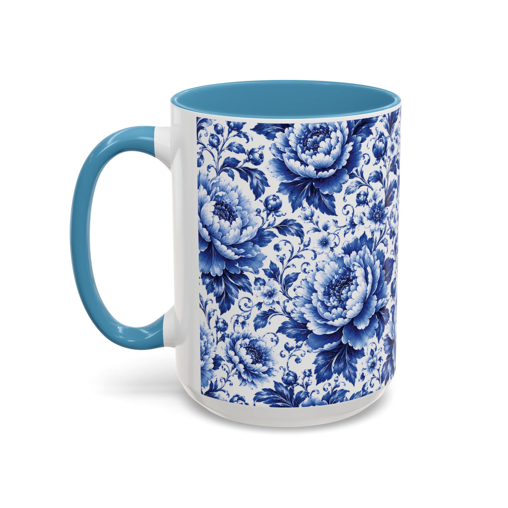 Blue Floral Ceramic Coffee Mug — Vintage Delft Peony Accent (11oz & 15oz) Blue & White Chinoiserie Tea Mug