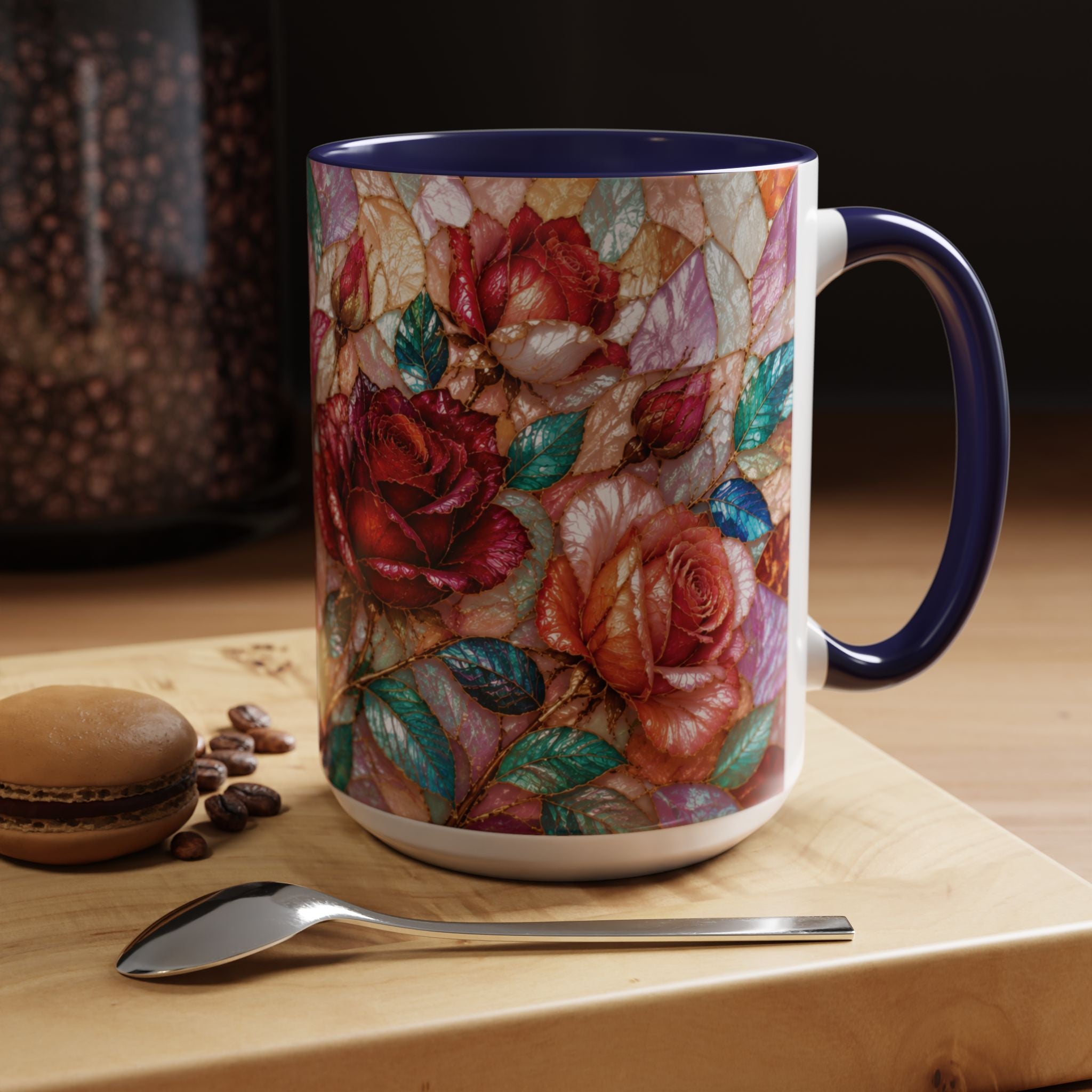 Floral Stained-Glass Accent Coffee Mug Colorful Rose Pattern (11/15 oz) Gift for Her