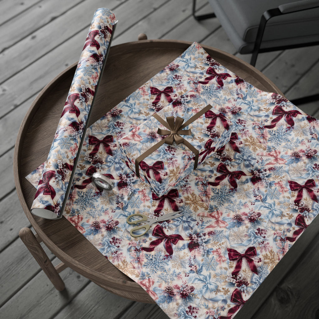 Burgundy Bow Floral Pattern Wrapping Paper | Holiday Gift Wrap, Winter Botanicals