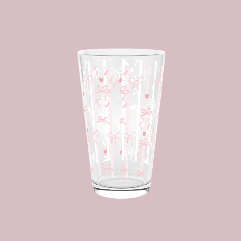 Pint Glass, Pink Bows & Ribbons, Cute Aesthetic Drinkware, Girly Gift, Elegant Glassware, Feminine Decor, Stylish Beverage Glass, Handwash Only 16 oz