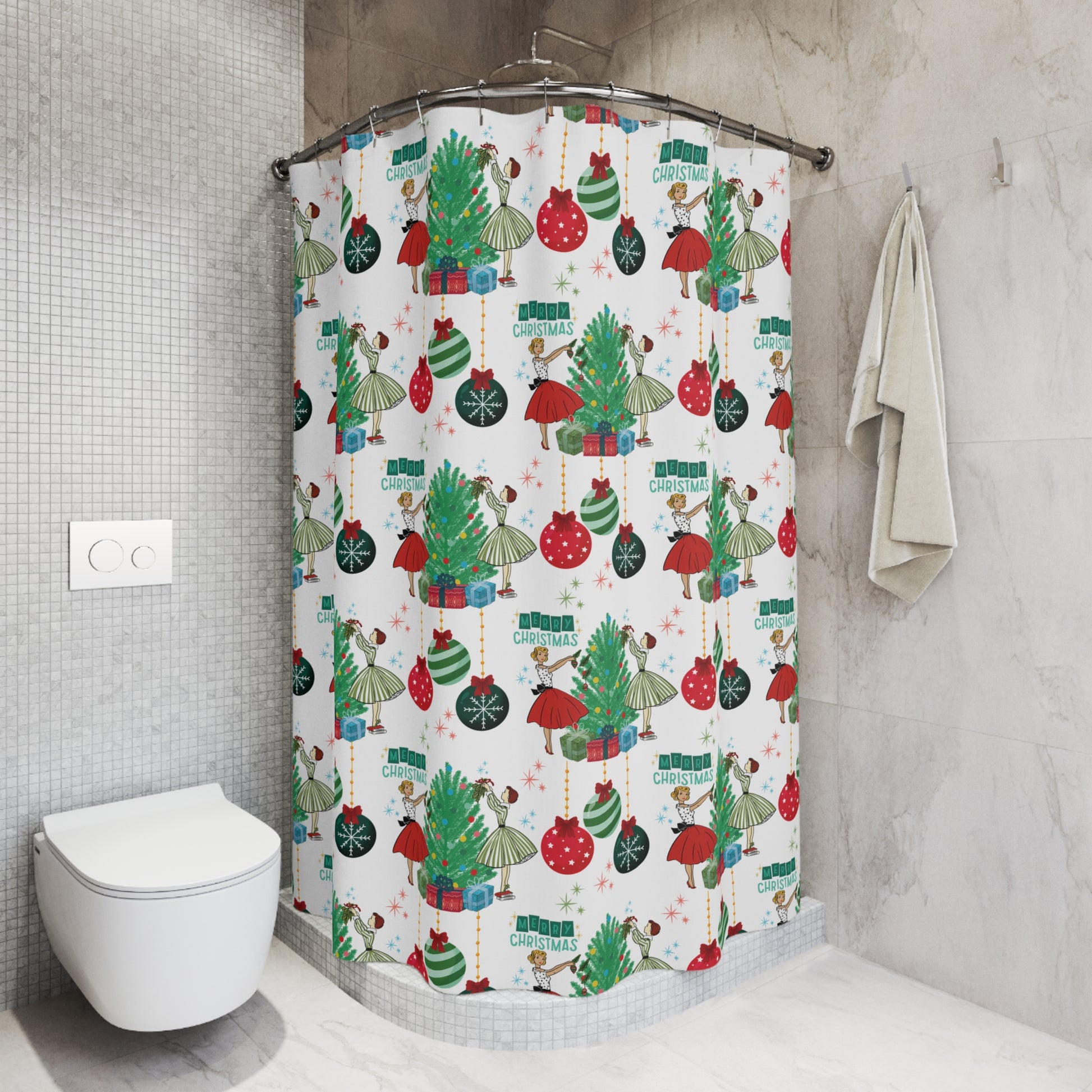 Retro Glam 50s Christmas Shower Curtain | Vintage Holiday Bathroom Decor, Festive Mid Century Xmas Gift, Retro Holiday StyleHooks Not Included