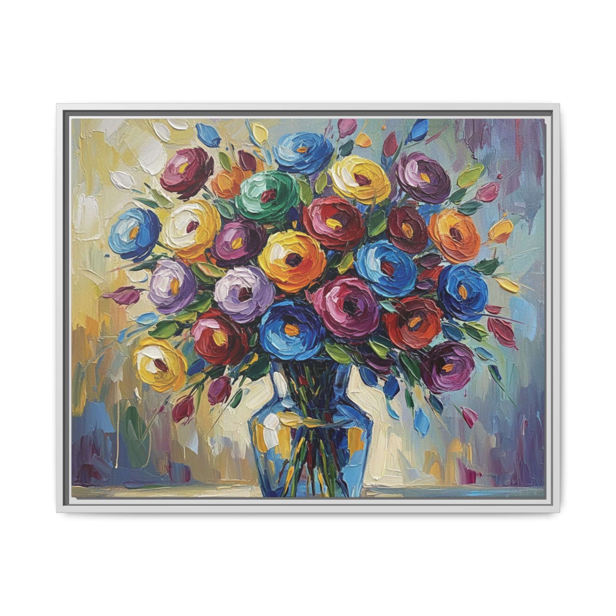 Impression sur toile bouquet floral aquarelle - Tableau mural encadré mat - Illusion de peinture à l'huile vibrante