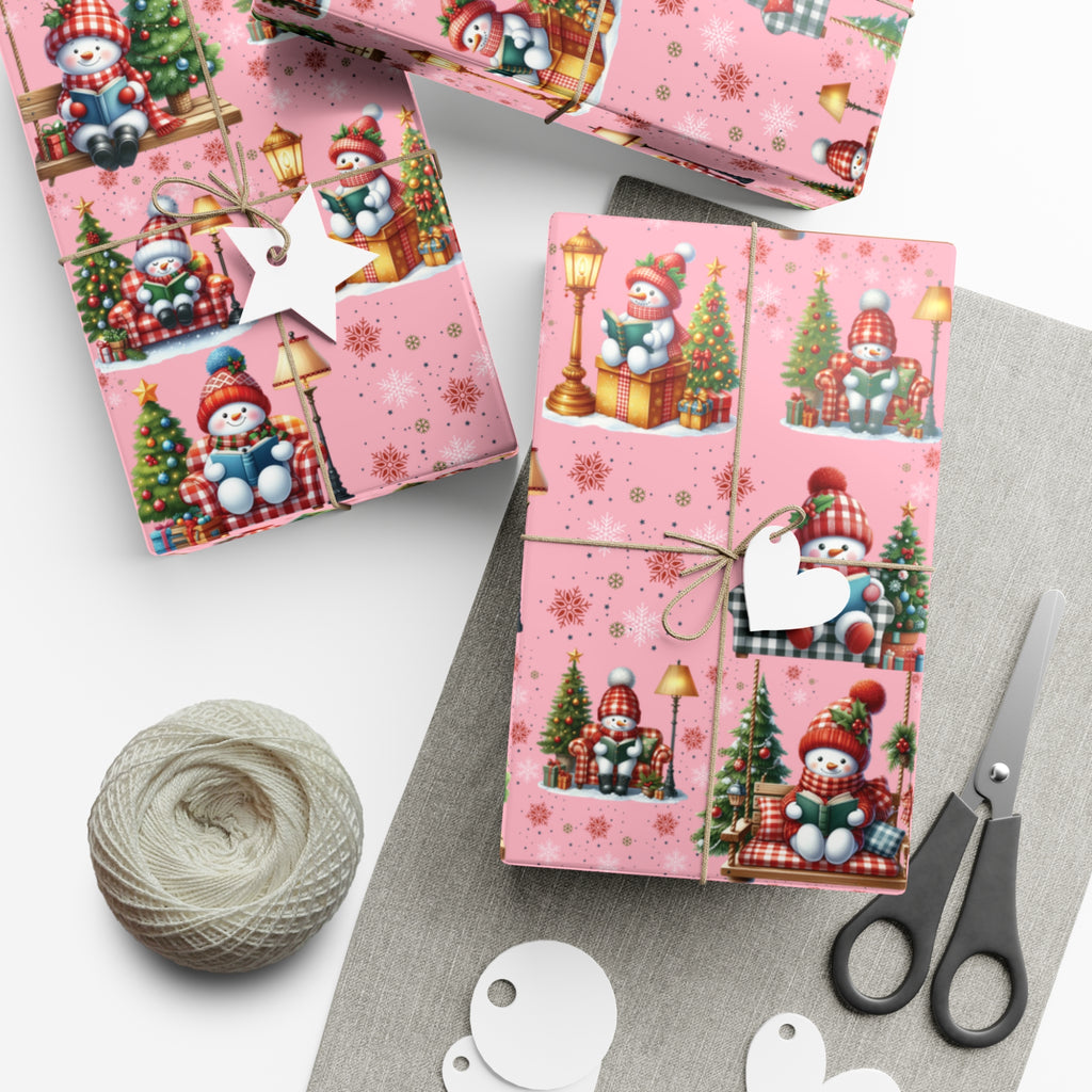 Pink Christmas Snowman Wrapping Paper with Adorable Pink Bows Perfect for Whimsical Christmas Gift Wrap | Festive Holiday Present Wrapping Sheets - MRSBYVALLE