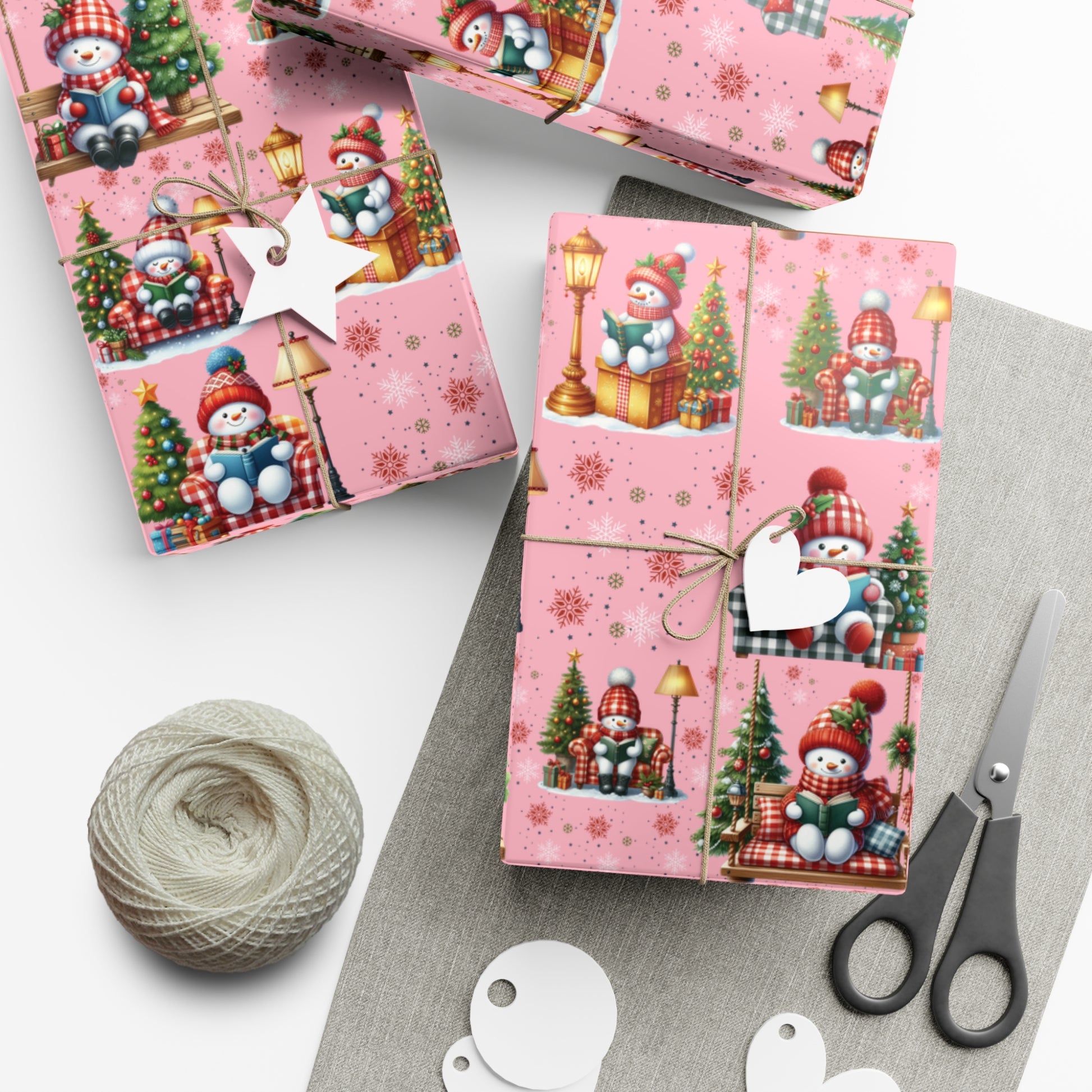 Pink Christmas Snowman Wrapping Paper with Adorable Pink Bows Perfect for Whimsical Christmas Gift Wrap | Festive Holiday Present Wrapping Sheets - MRSBYVALLE