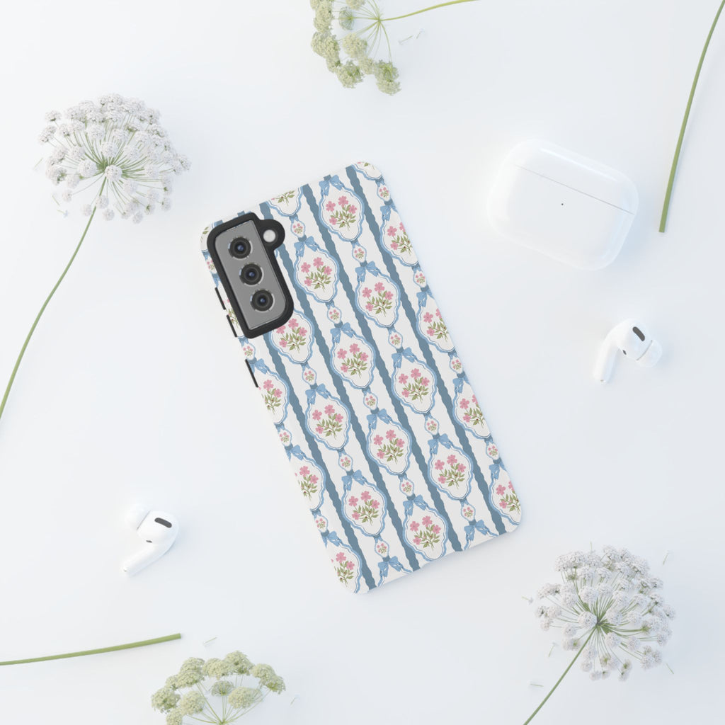 Coque de téléphone Vintage Nœud Bleu et Rose — Motif floral romantique « Tough Cases »