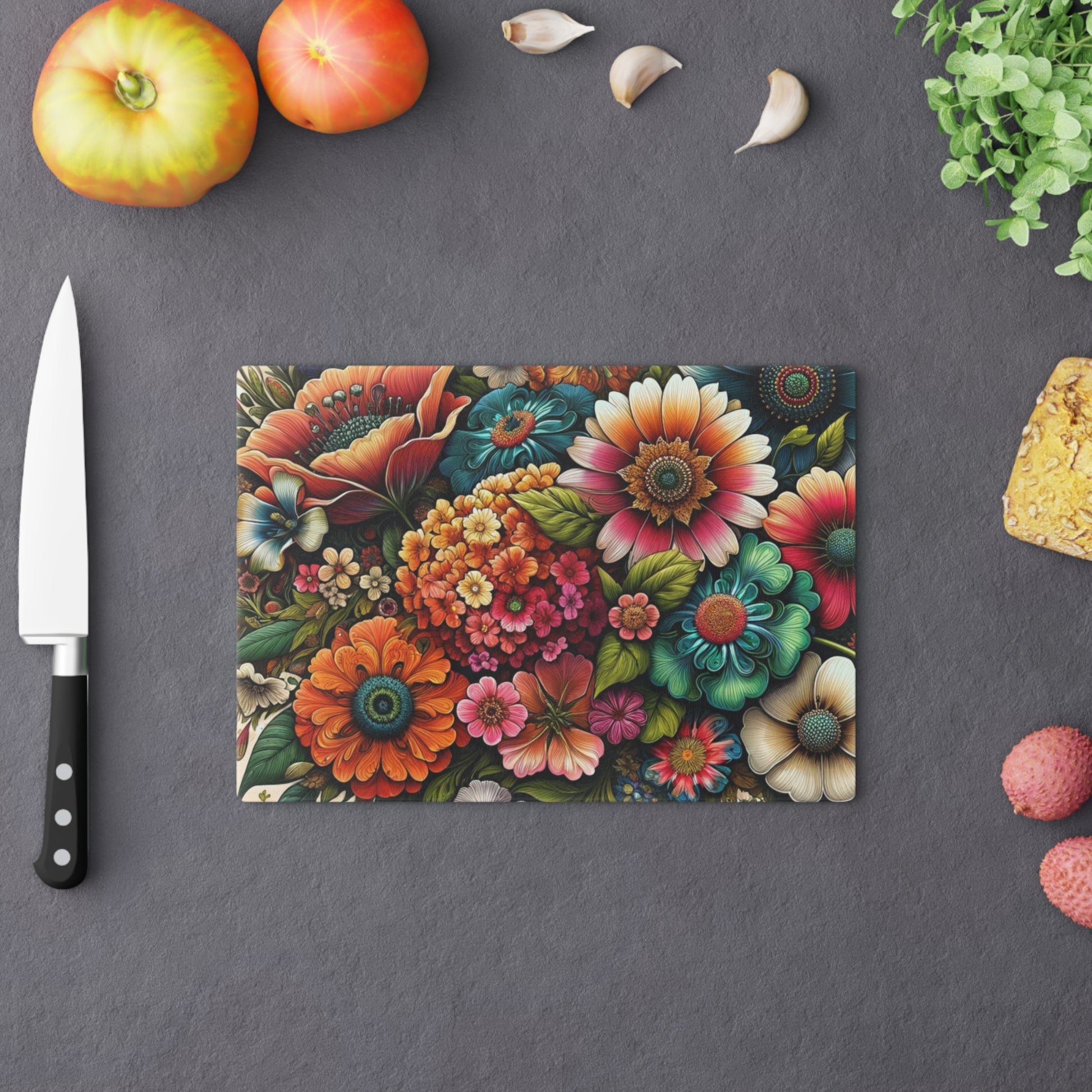 Cutting Board Bright Floral Tempered Glass Cutting Board Durable Kitchen Decor with Elegant Flower Design, Housewarming, New House Gift - MRSBYVALLE