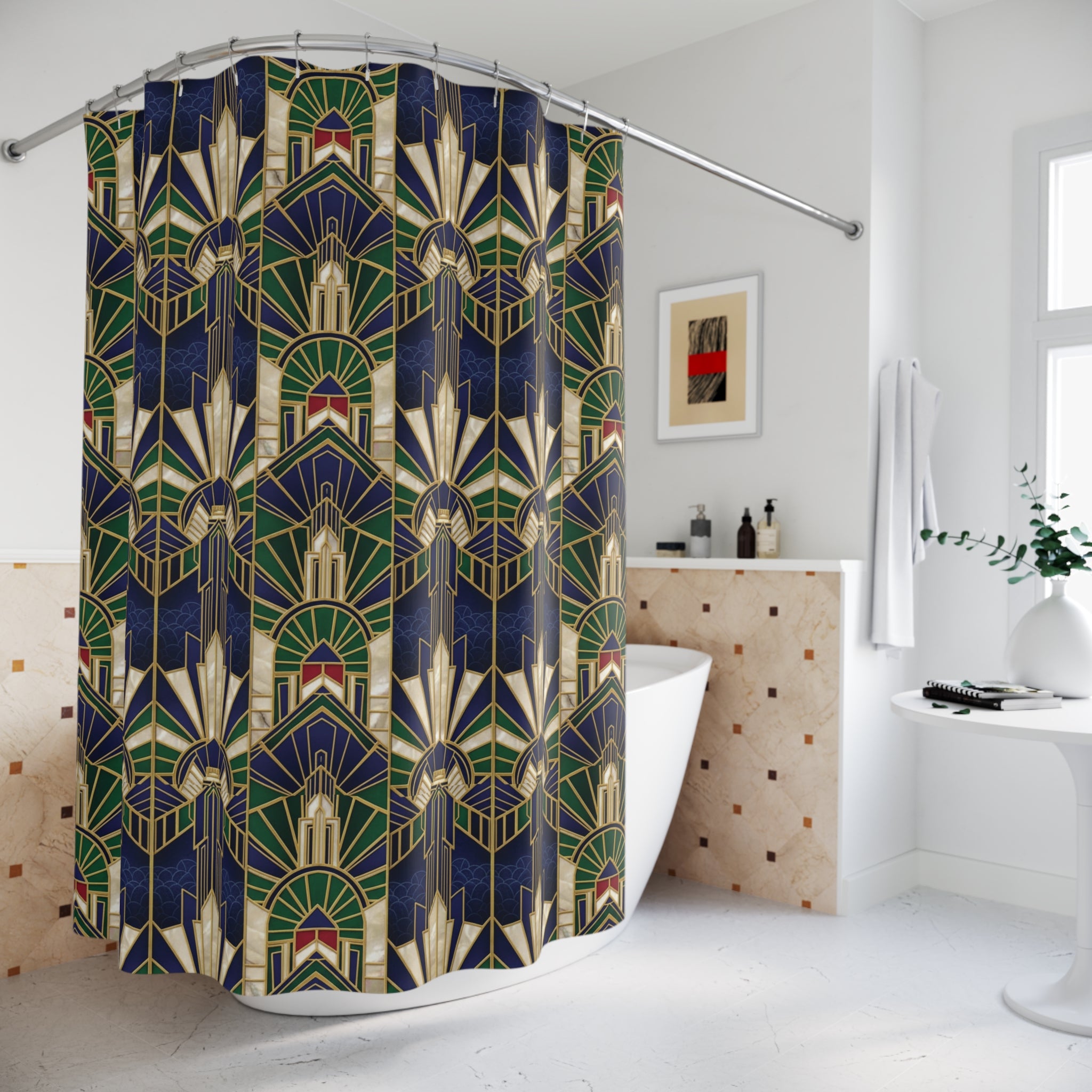 Imperial Art Deco Gold & Navy Shower Curtain — Geometric Luxury Bathroom Decor