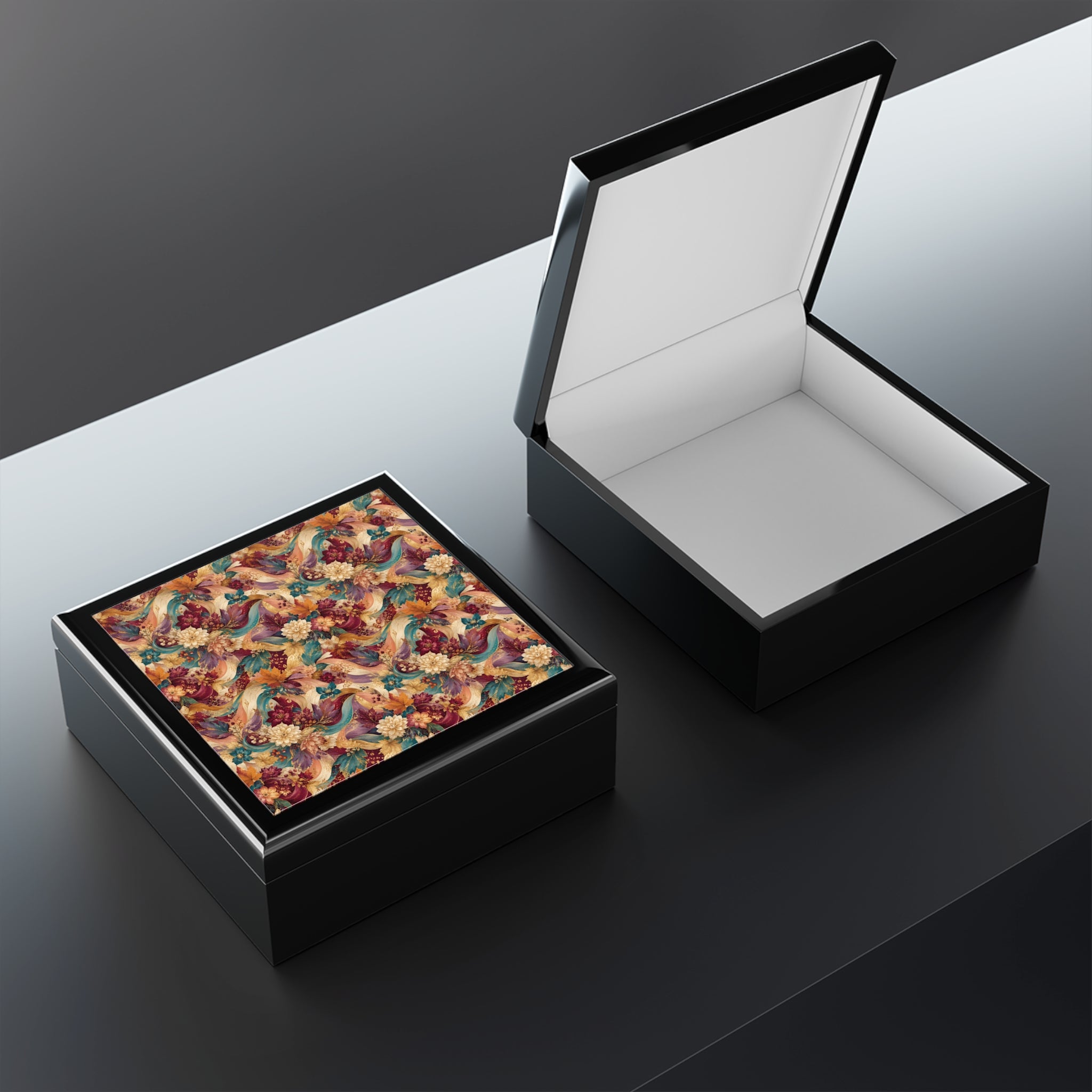 Floral Peacock Pattern Jewelry Box — Decorative Keepsake Box with Vintage Botanical Design