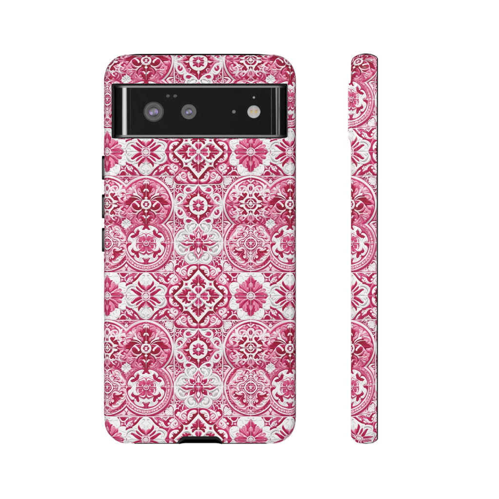 Pink and White Mediterranean Tile Design Phone Case - Stylish, Protective Cover for All Models Gift for Mom Accessory Gift for Her
