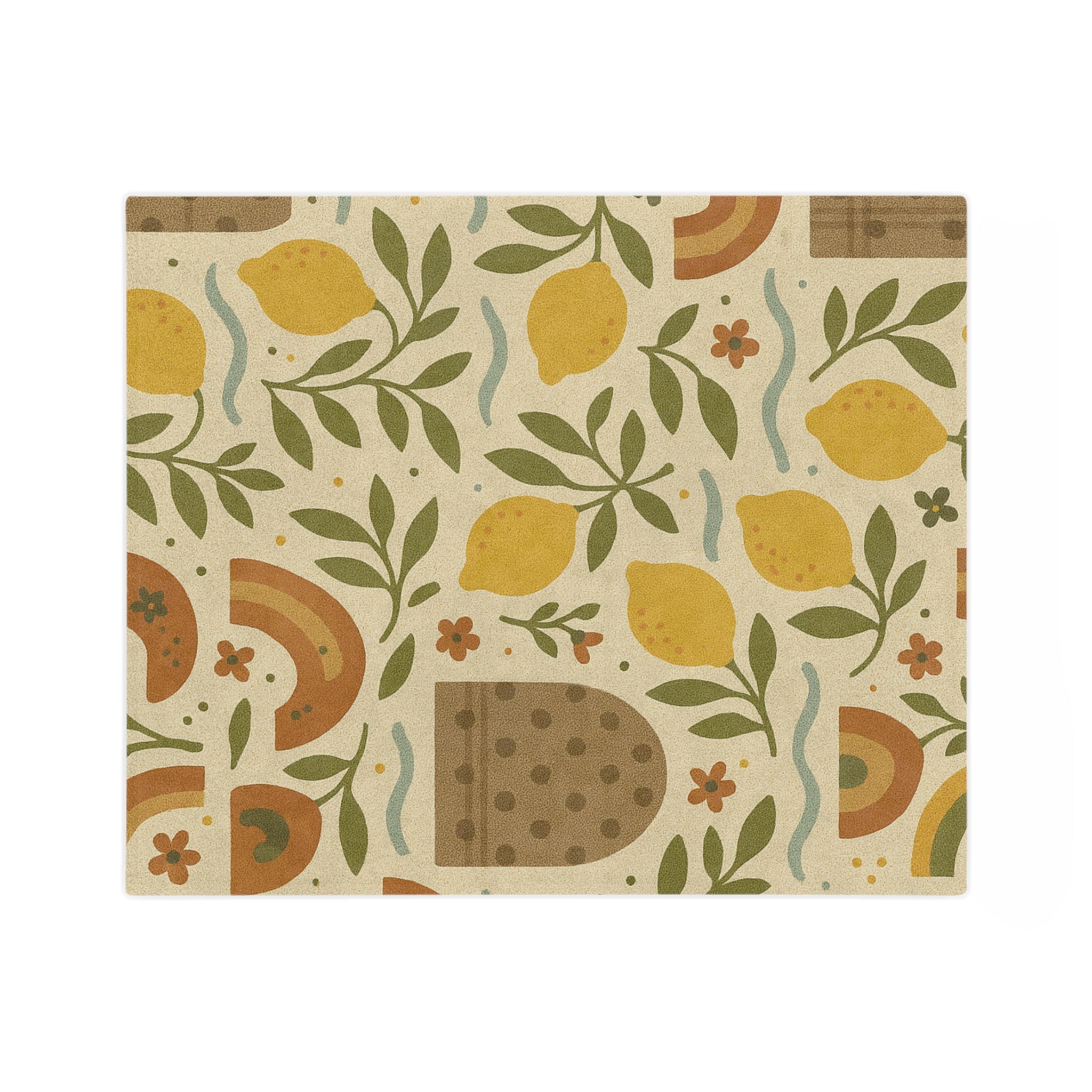 Jeté en tricot douillet motif bosquet de citronniers bohème, avec citrons dessinés à la main, feuilles d'olivier et vagues douces dans des tons terreux, parfait pour la chaleur et le style tout au long de l'année