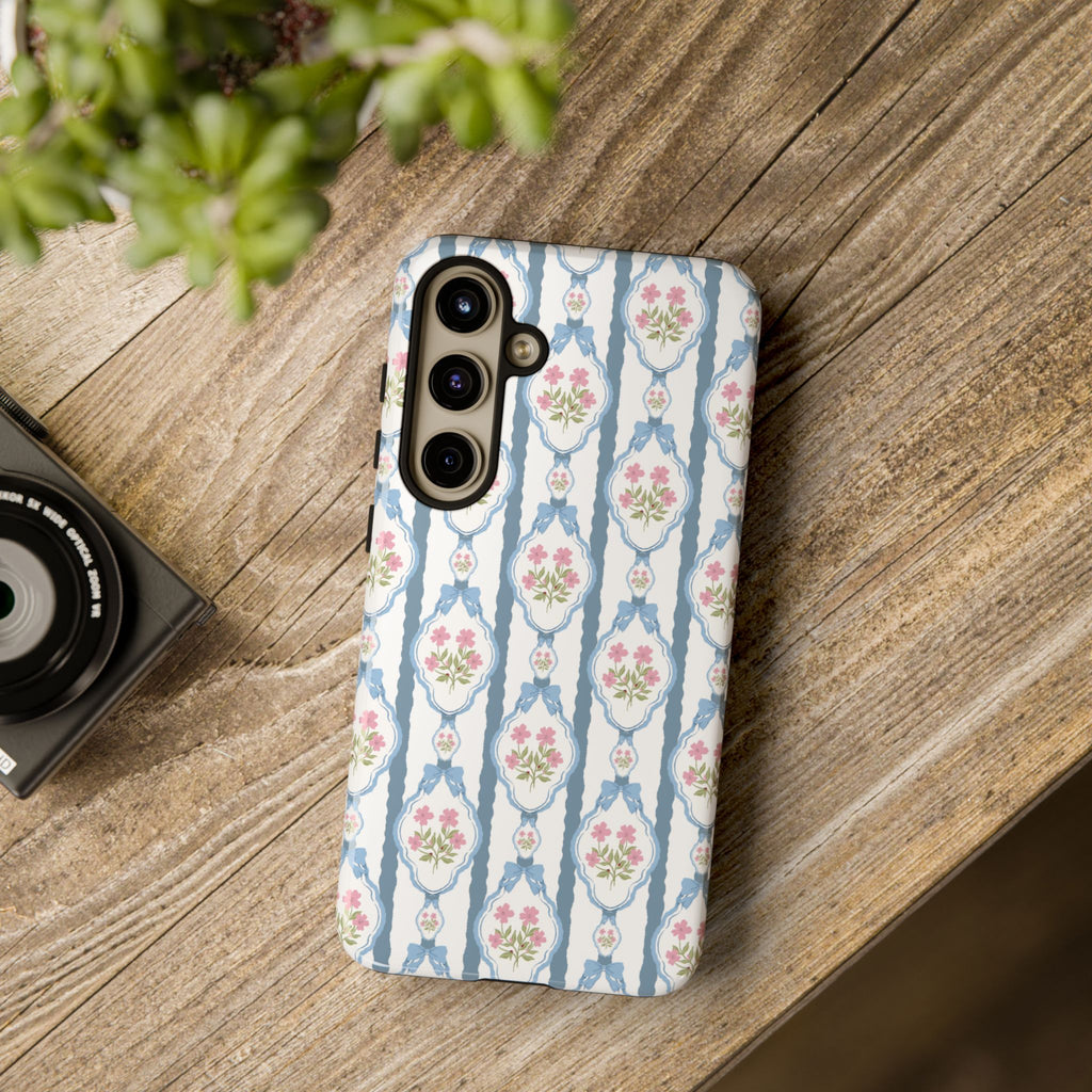 Coque de téléphone Vintage Nœud Bleu et Rose — Motif floral romantique « Tough Cases »