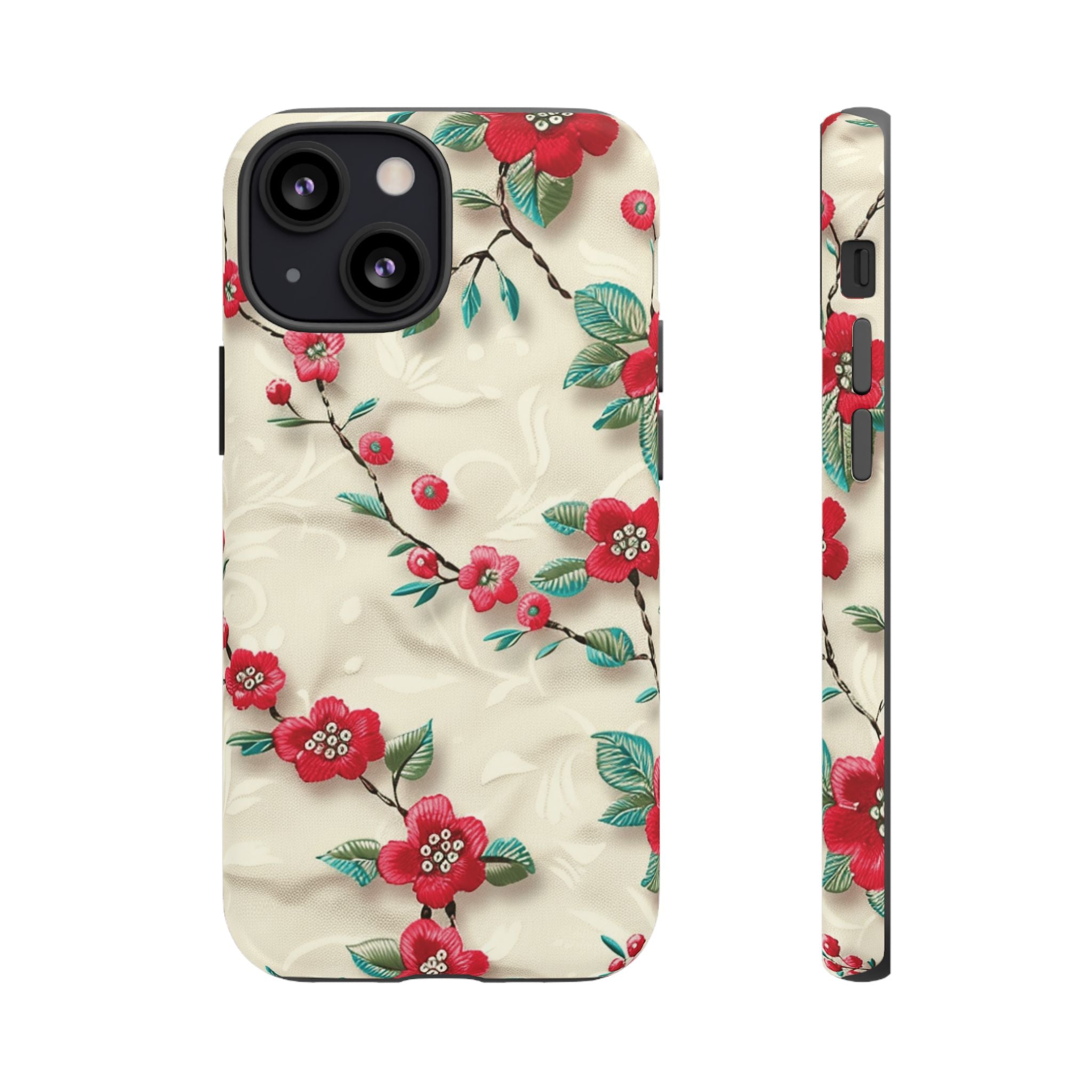 3D Embroidery Illusion Red Flowers Phone Case for iPhone, Samsung Pixel Artistic Floral Protection 15 14 13 12, 21 23 Gift for Her Perfect for Floral Lover