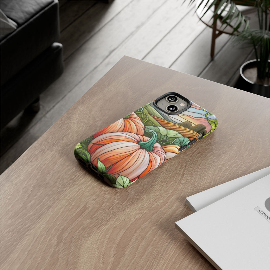 Pumpkins Phone Case Fall Faux Stained-Glass Thanksgiving Cover Pumpkin Lovers Gift for Galaxy S 24 23 22 21 Pixel 5 6 7 8 iPhone 17 , 16 15 14 13 12 Samsung iPhone Samsung Gift for Her