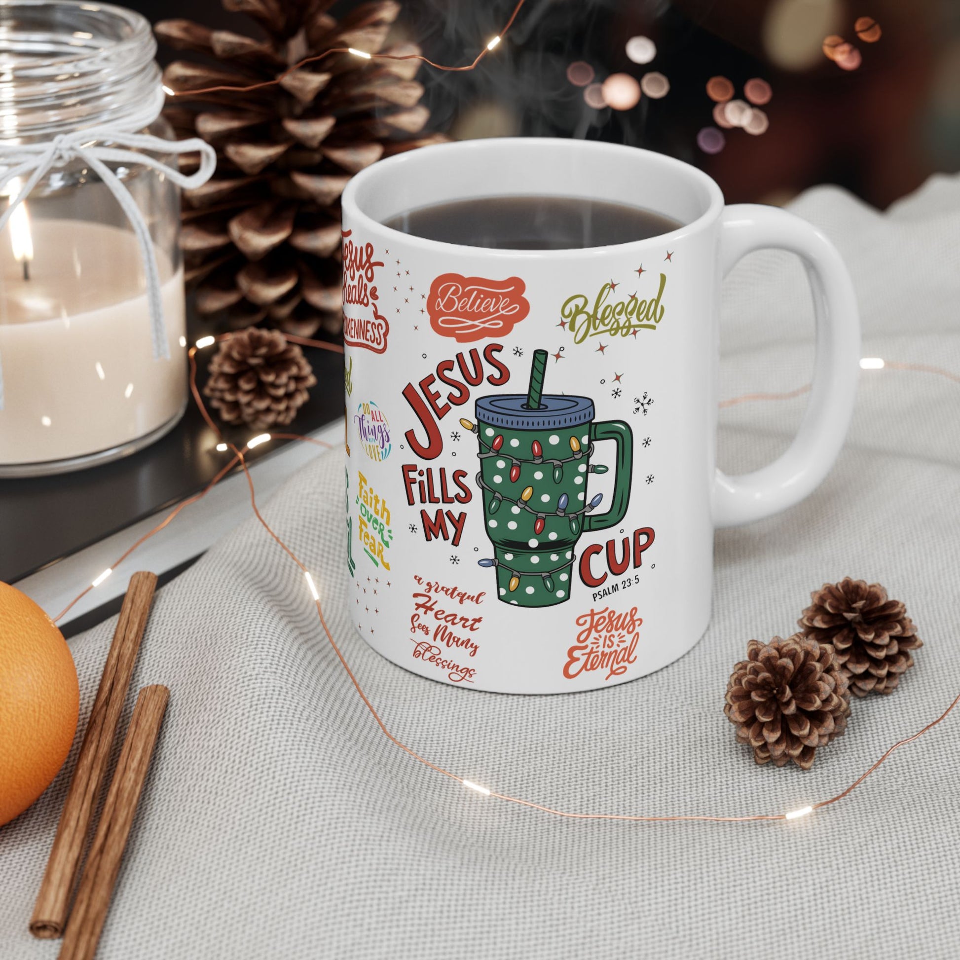 Jesus Fills My Cup Mug – 11oz & 15oz Bible Verse & Christian Affirmation Coffee Cup, Perfect Faith Gift for Home or Office Gift for Mom
