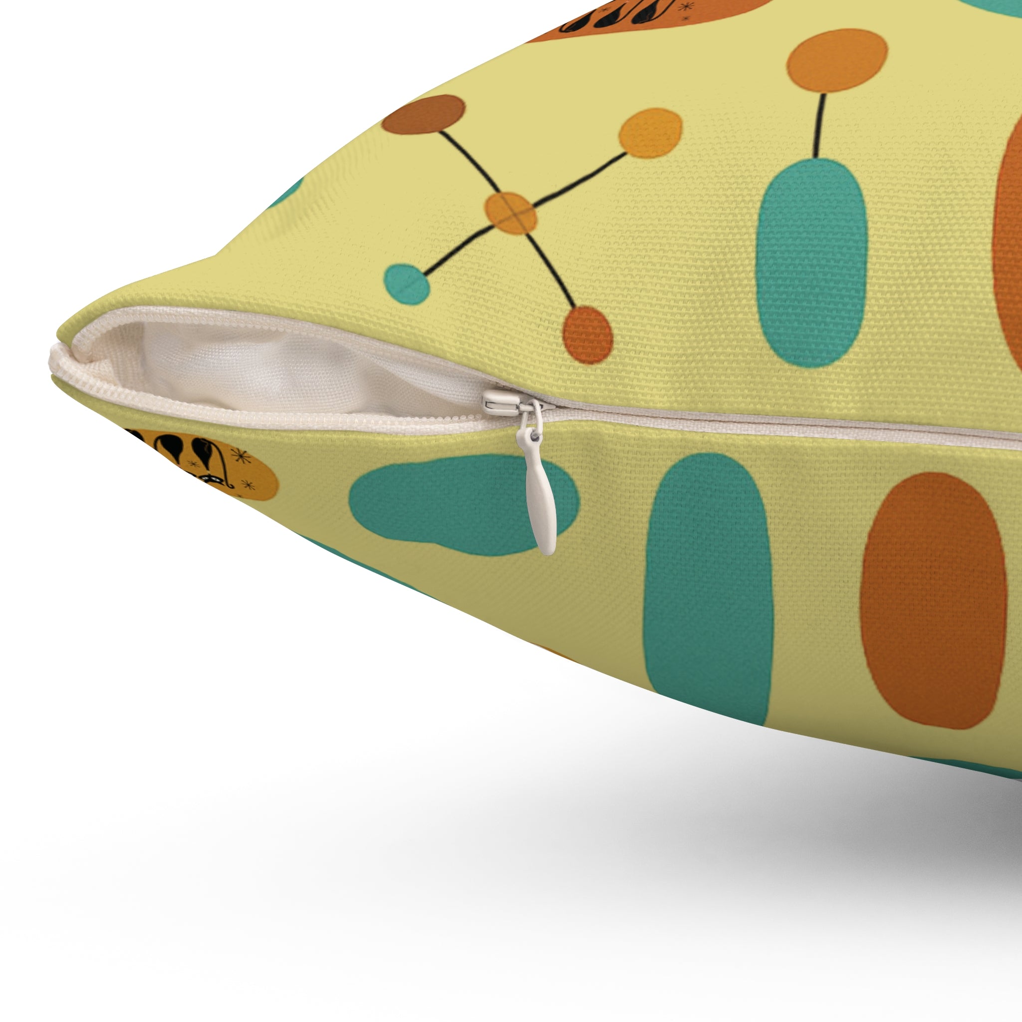 Atomic Cat Throw Pillow, Mid Century Modern Yellow Cushion, Retro Kitty Accent Pillow, Pastel Coquette Bow, Vintage Home Decor, Reading Nook