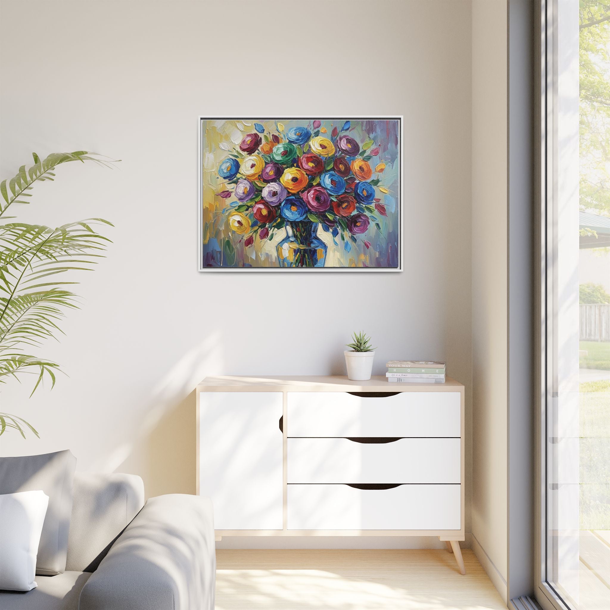 Impression sur toile bouquet floral aquarelle - Tableau mural encadré mat - Illusion de peinture à l'huile vibrante