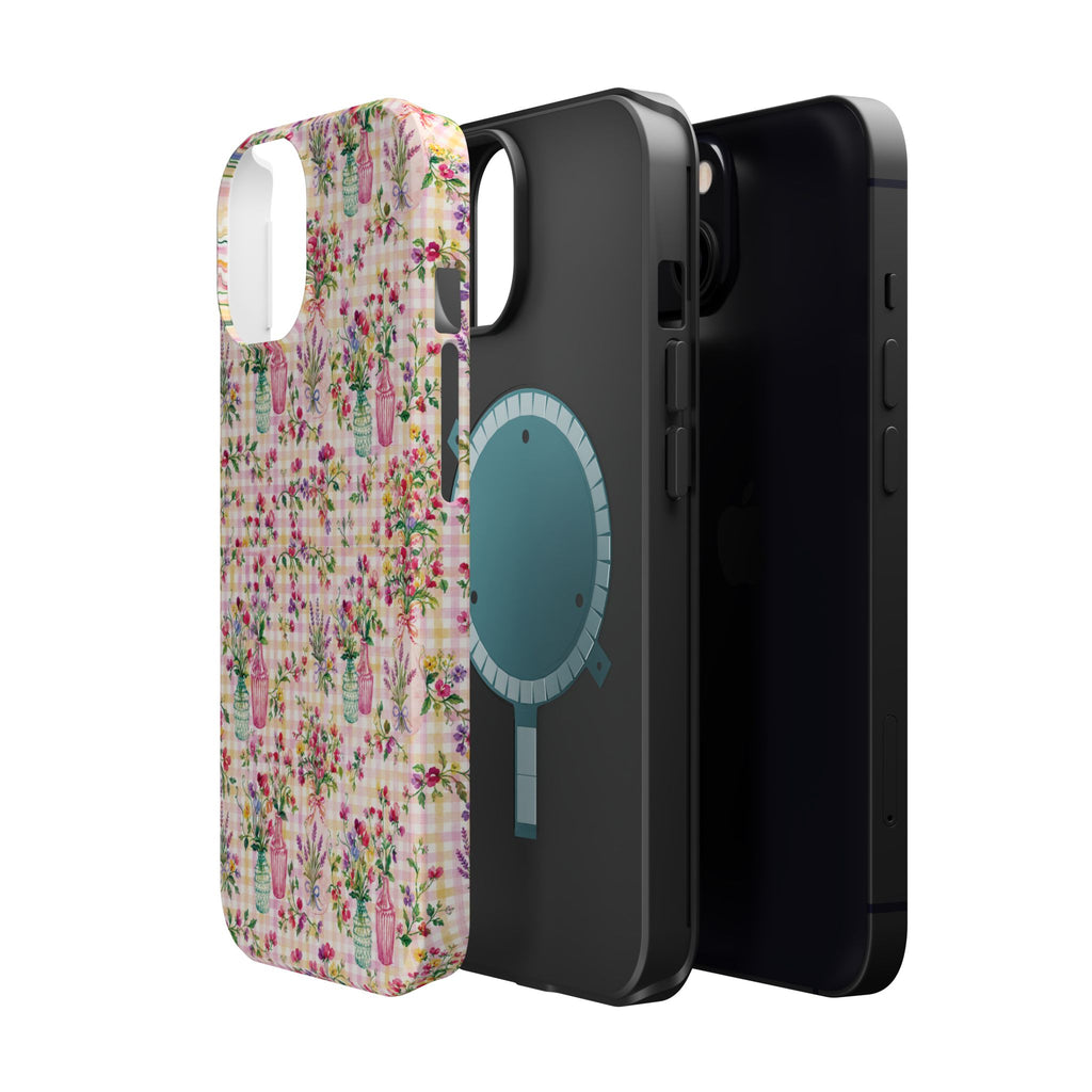 Turquoise & Pink Floral Checker Phone Case — Magnetic Impact-Resistant