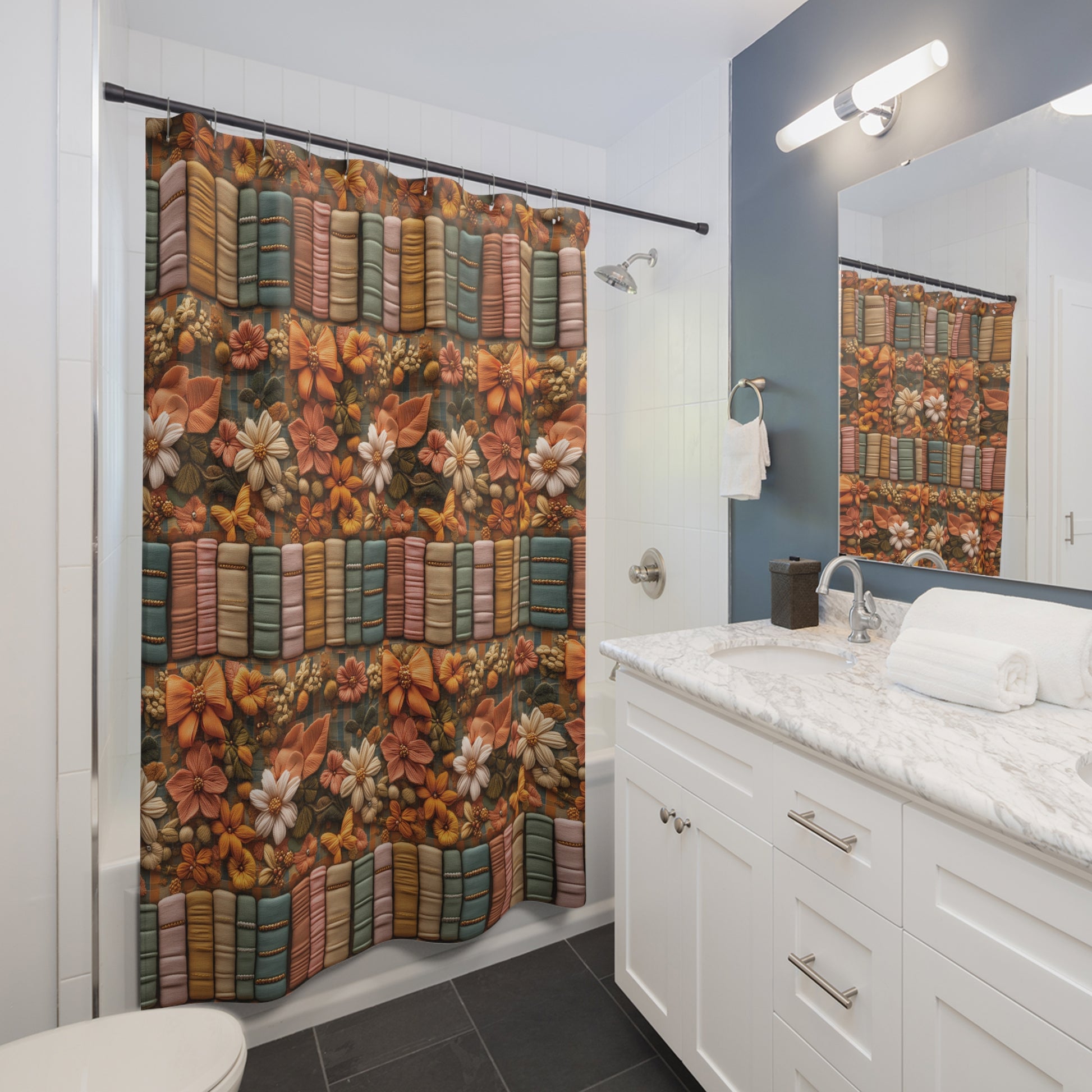 New House Boho Fall 3D Illusion Shower Curtain Books & Bows Design | Autumn Bathroom Decor for Cozy and Stylish Bathroom Spaces - MRSBYVALLE