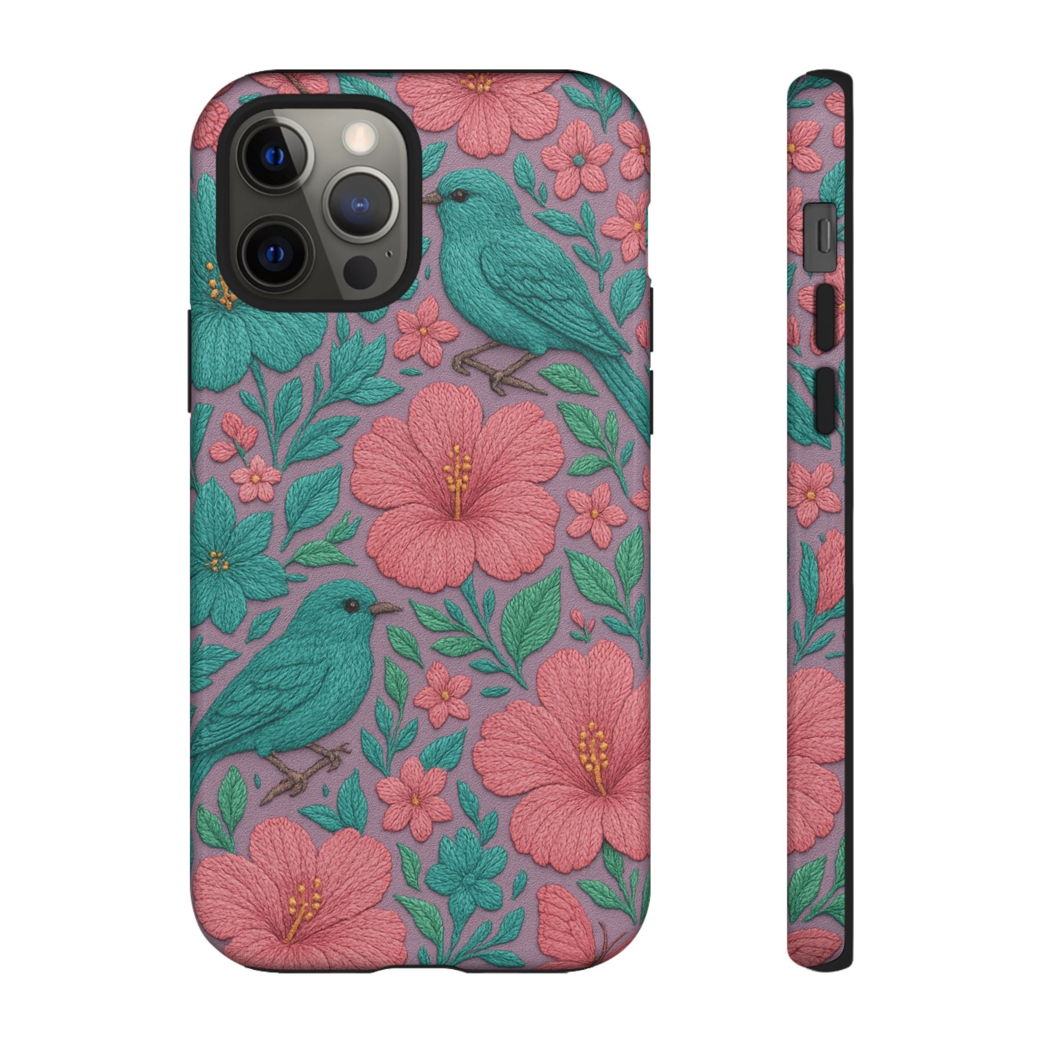 Turquoise, Pink and Lavender 3D Embroidery Illusion Phone Case Tropical Flowers, Birds & Butterflies Cover with Bold, Realistic Floral Texture iPhone, Samsung