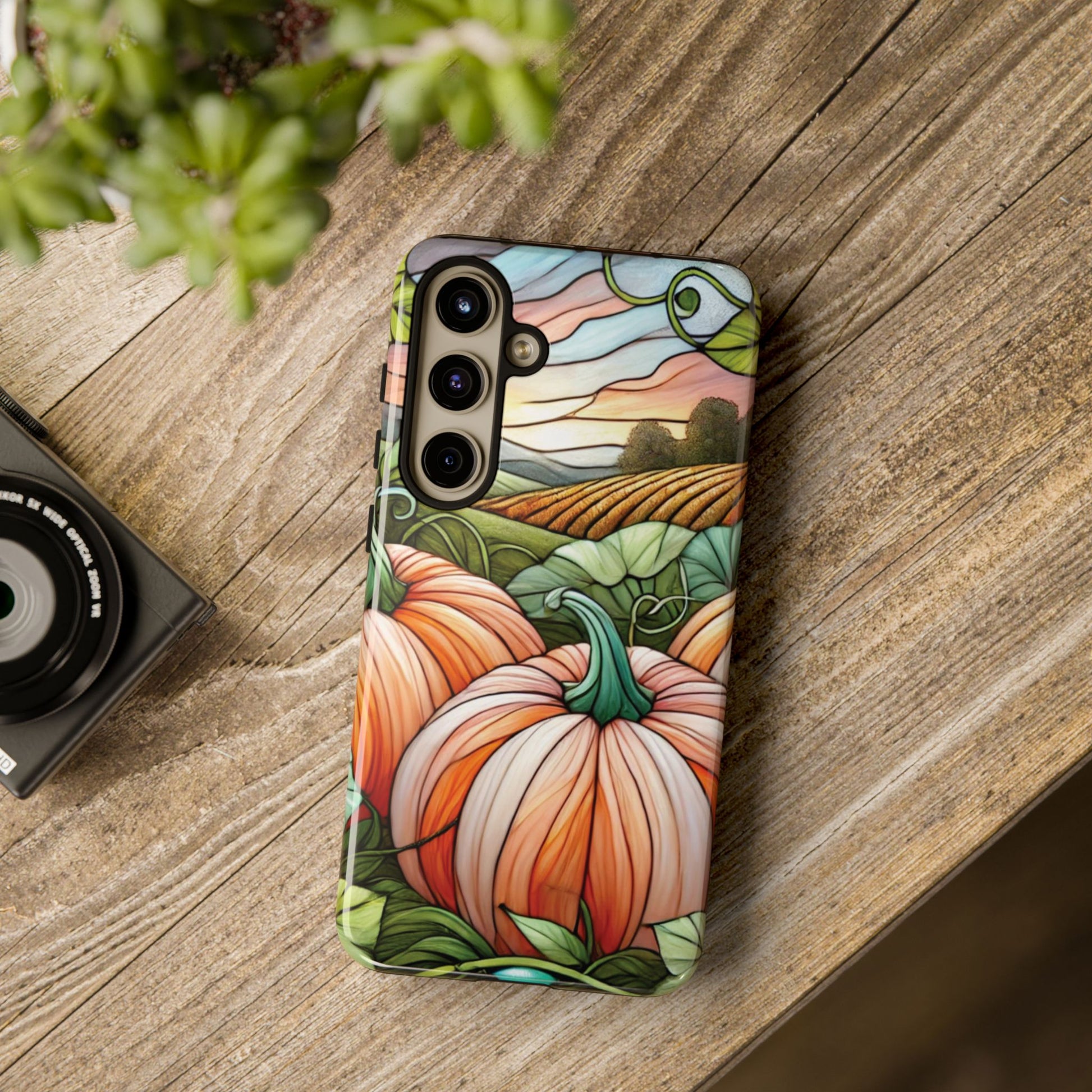 Pumpkins Phone Case Fall Faux Stained-Glass Thanksgiving Cover Pumpkin Lovers Gift for Galaxy S 24 23 22 21 Pixel 5 6 7 8 iPhone 17 , 16 15 14 13 12 Samsung iPhone Samsung Gift for Her