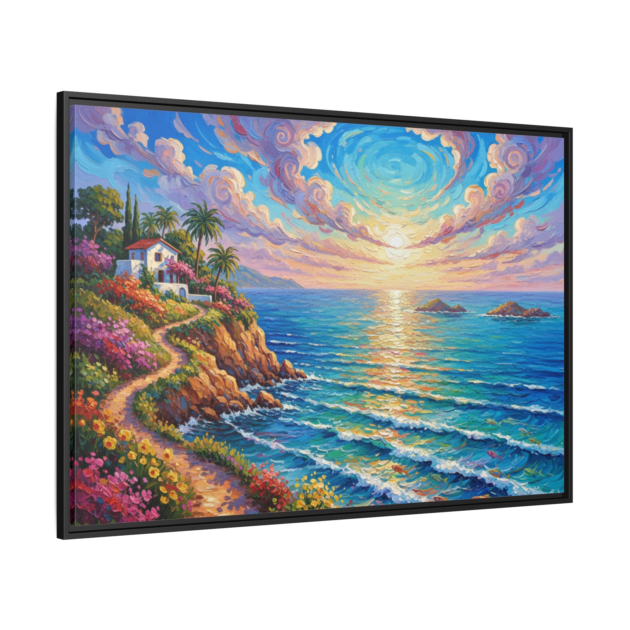 Toile imprimée florale océanique | Décoration murale colorée et lumineuse de paysage marin, œuvre d'art de bureau encadrée et mate